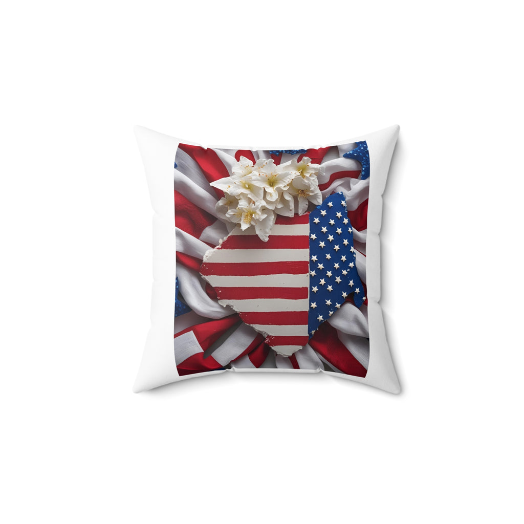 Patriotic Heart Pillow with Floral Accent, USA Decor, American Flag Throw Pillow, Memorial Day Gift, Fourth of July Cushion