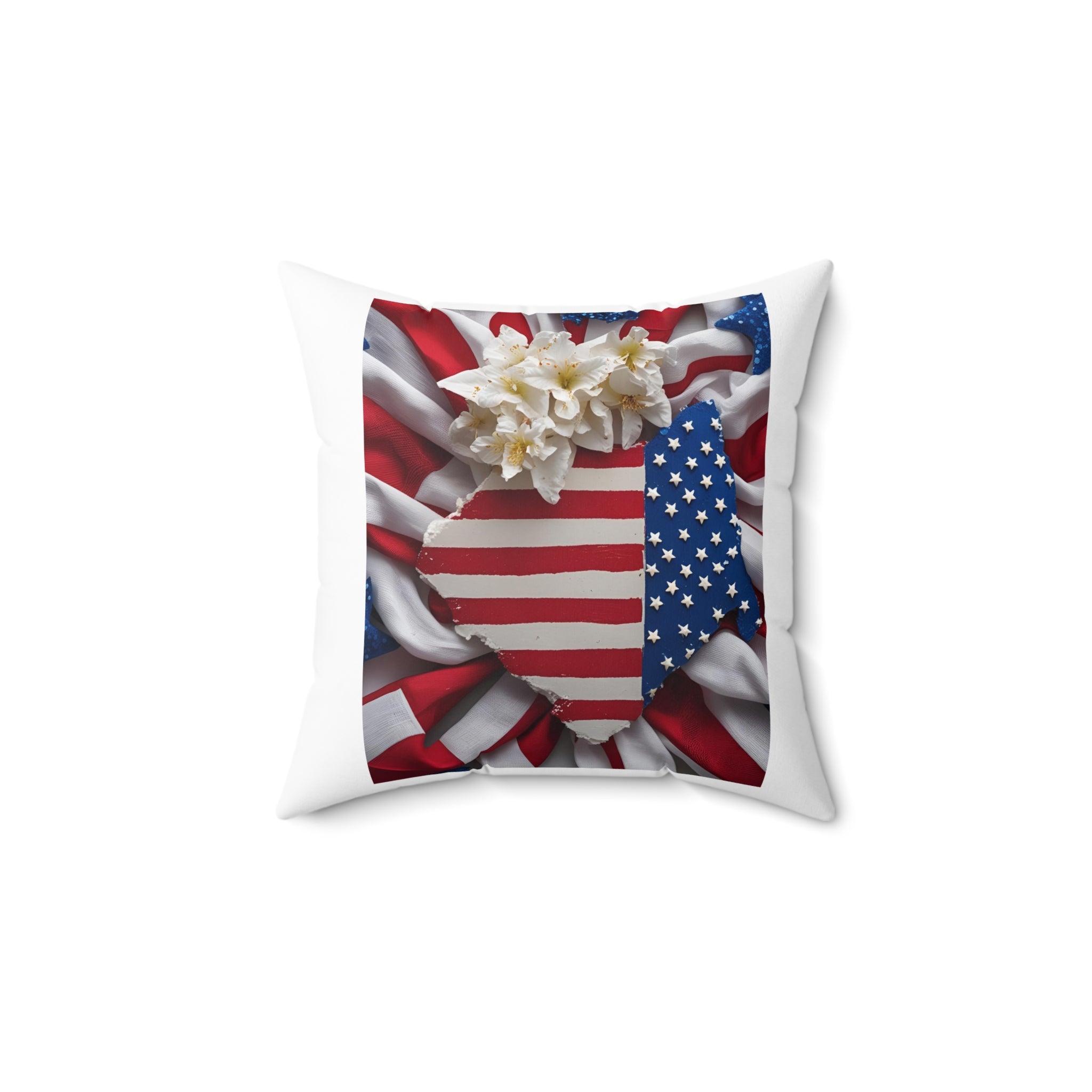 Patriotic Heart Pillow with Floral Accent, USA Decor, American Flag Throw Pillow, Memorial Day Gift, Fourth of July Cushion
