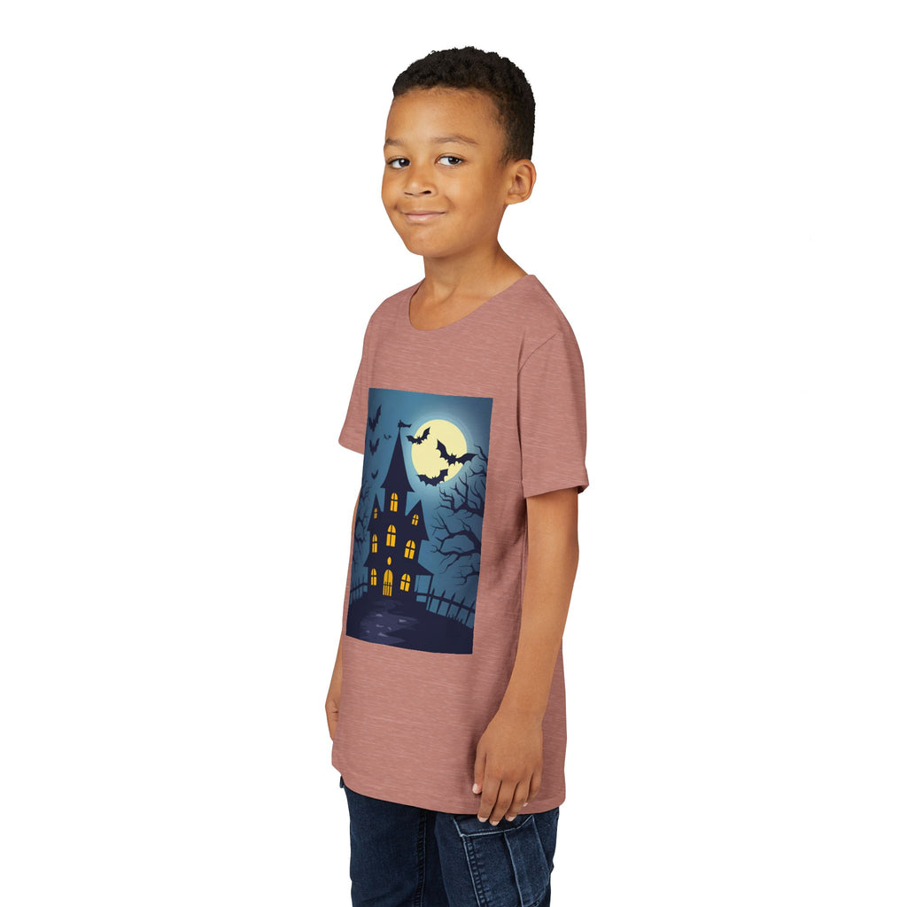 Spooky Halloween Haunted House Youth Tee, Kids Ghost T-Shirt, Haunted House Apparel, Bat Design Shirt, Trick or Treat Clothing