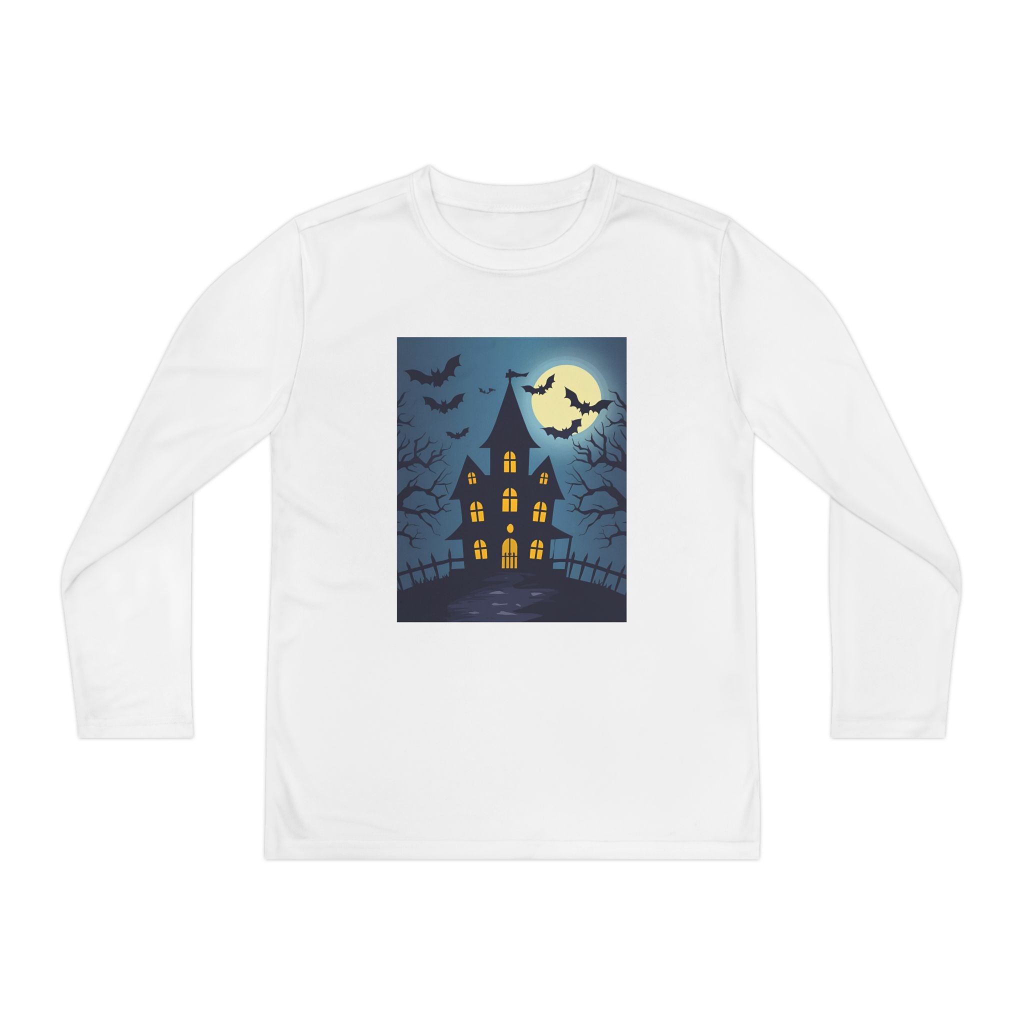 Halloween Haunted House Youth Long Sleeve Tee, Halloween Shirt, Spooky Tee, Ghostly Nightwear, Fall Apparel, Kids Halloween Costume