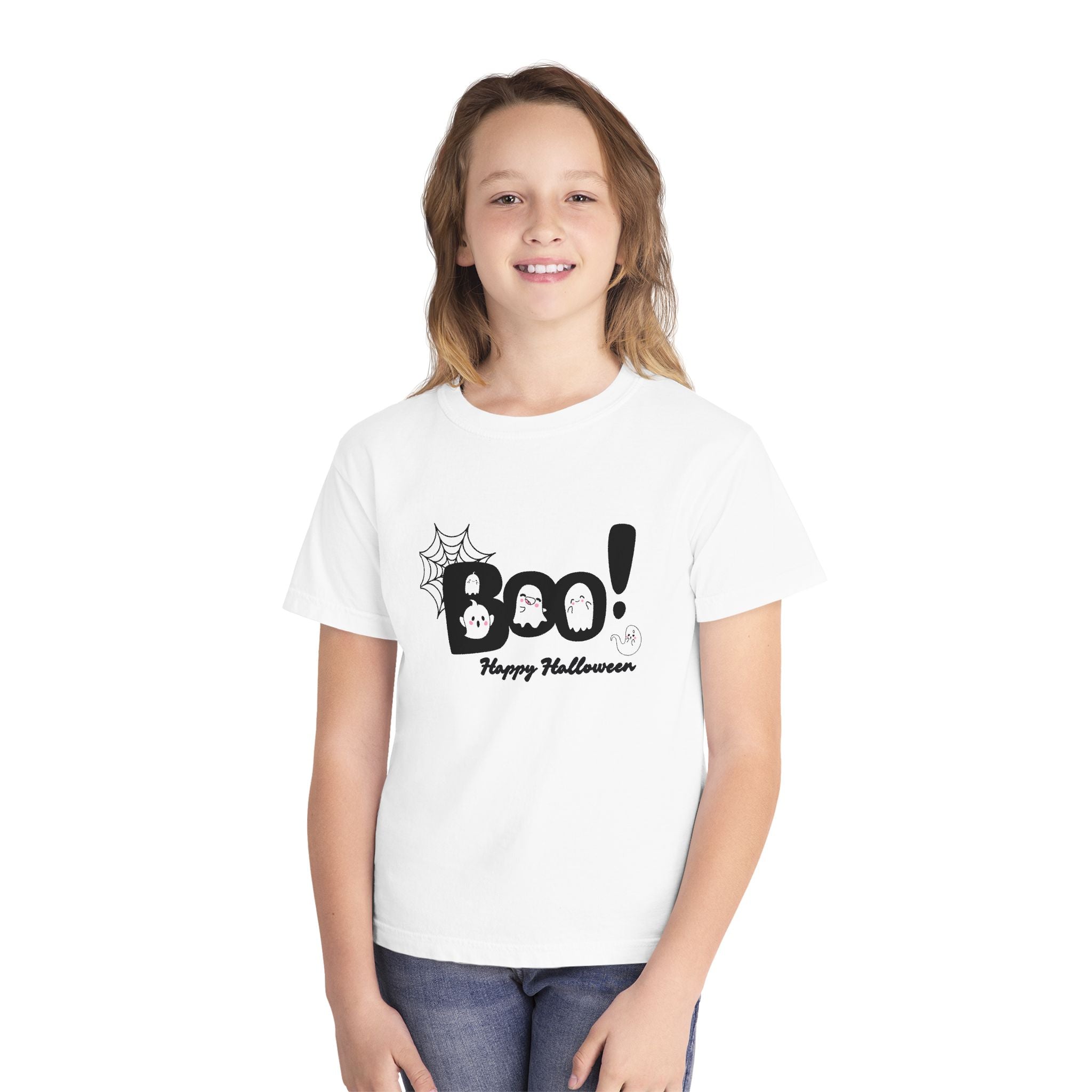 Cute Halloween Youth Tee, 'Boo!' Graphic Tee, Kids Halloween Shirt, Trick-or-Treat Apparel, Spooky Holiday T-Shirt