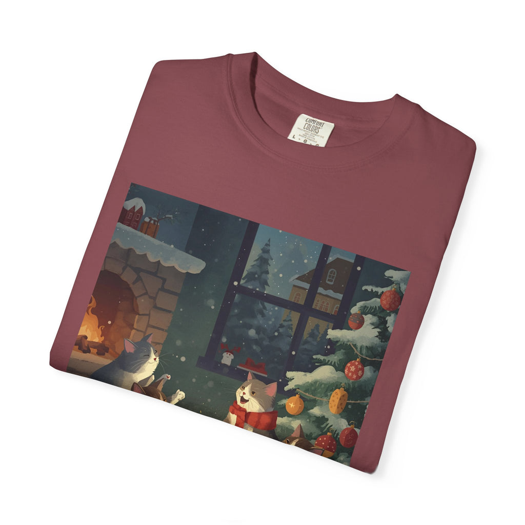 Cozy Cat Campfire T-shirt, Unisex Garment-Dyed Tee, Holiday Gift, Cat Lover Gift, Cute Winter T-shirt, Cozy Nightwear, Christmas Shirt