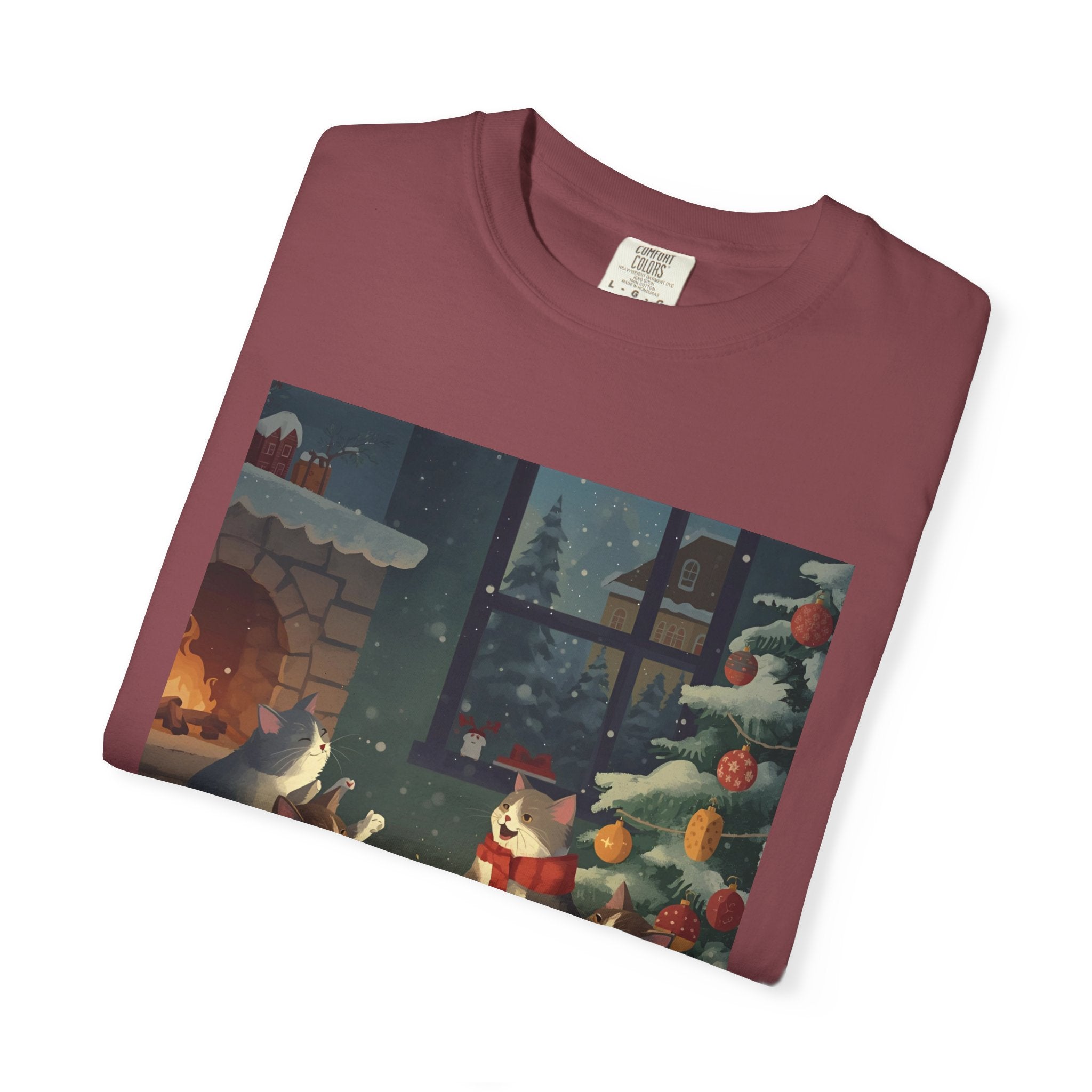 Cozy Cat Campfire T-shirt, Unisex Garment-Dyed Tee, Holiday Gift, Cat Lover Gift, Cute Winter T-shirt, Cozy Nightwear, Christmas Shirt