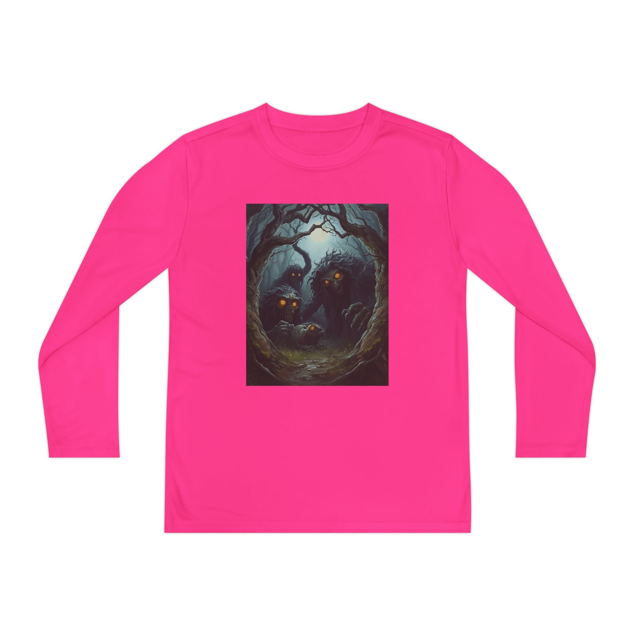 Spooky Forest Creatures Youth Long Sleeve Tee with Enchanted Forest Design, Comfortable Unisex T-Shirt for All Seasons, Perfect for Halloween and Nature Lovers