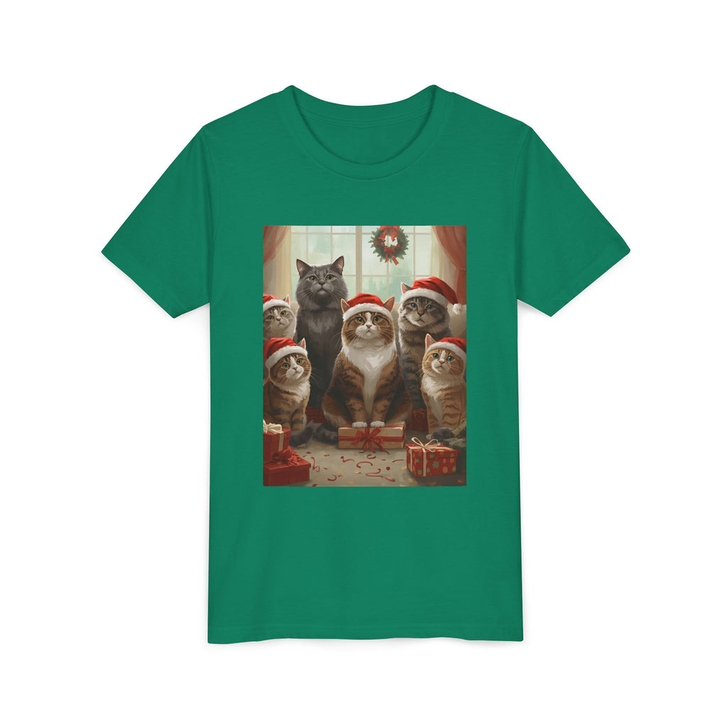 Cute Festive Christmas Cat Youth Short Sleeve Tee