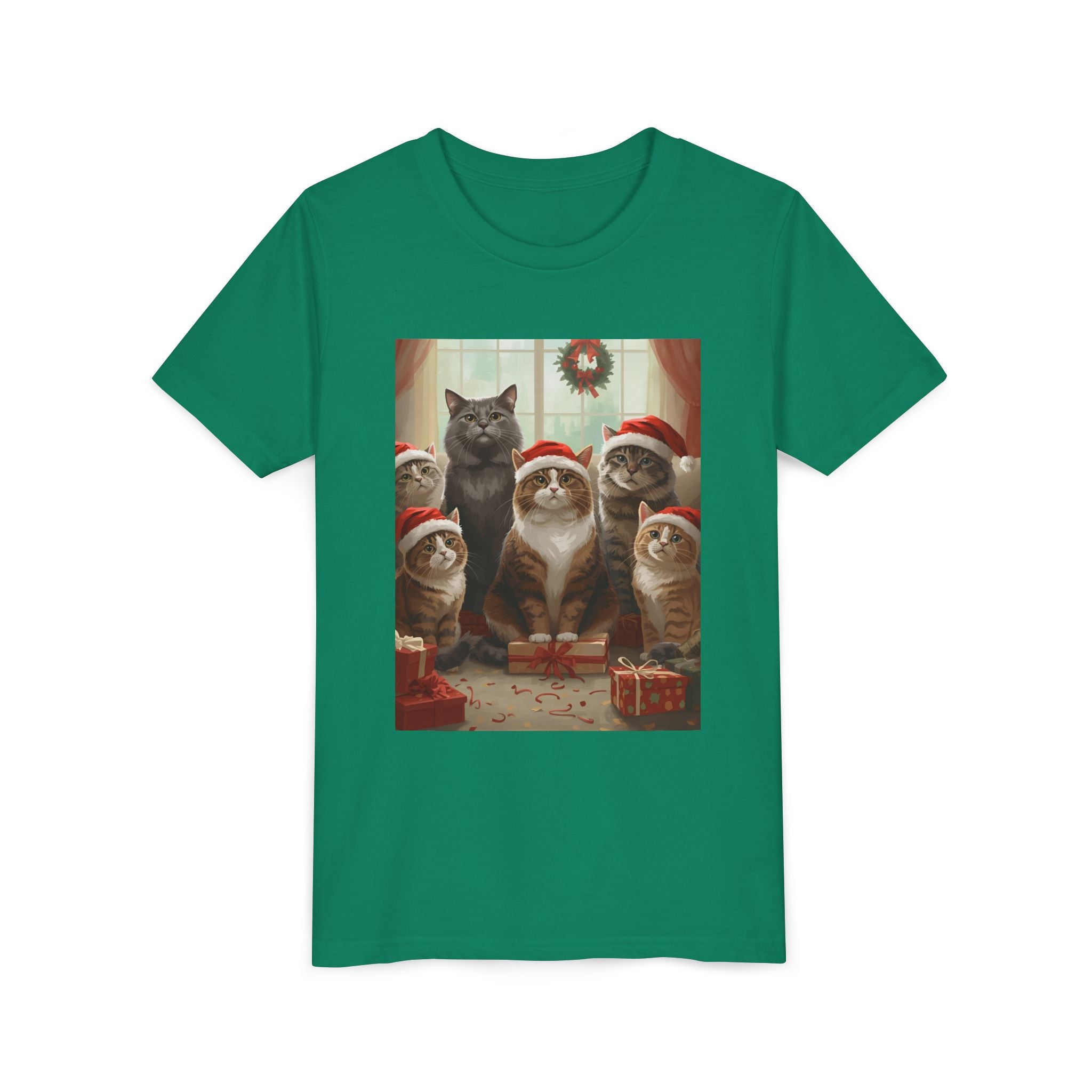 Cute Festive Christmas Cat Youth Short Sleeve Tee
