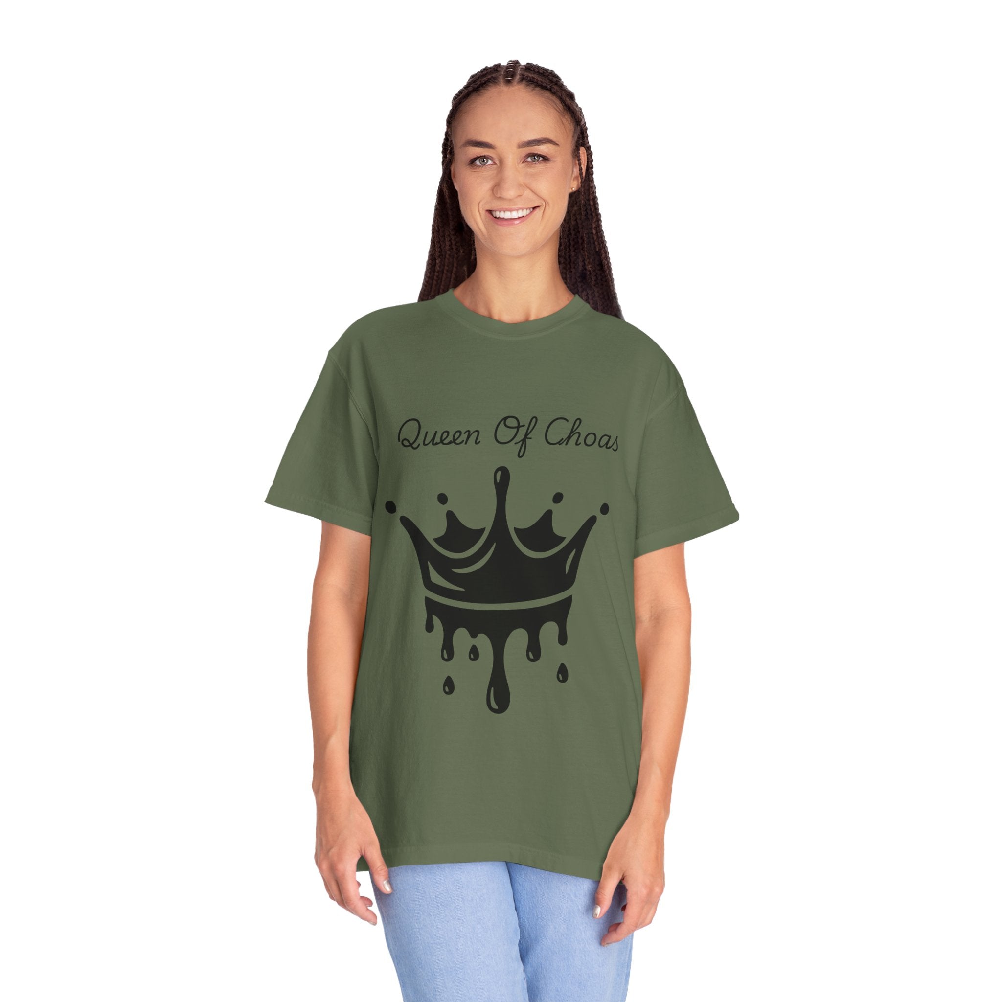 Queen of Chaos Unisex Garment-Dyed T-Shirt, Gift for Her, Casual Wear, Birthday Gift, Trendy Graphic Tee, Fun Statement Shirt