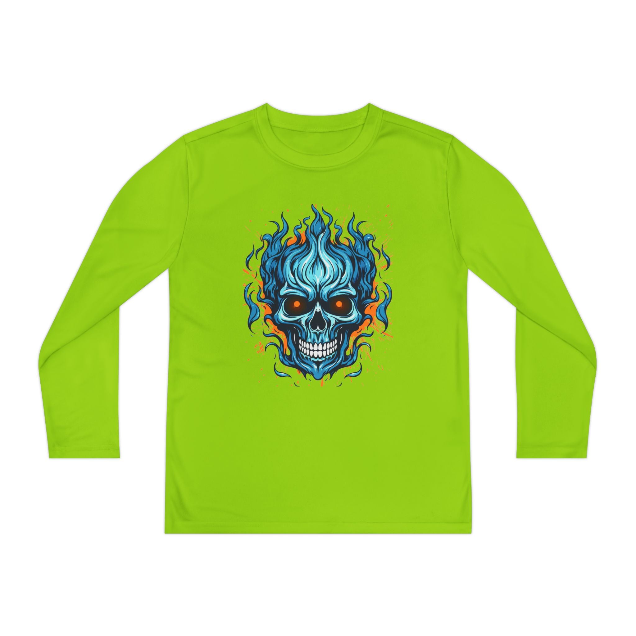 Skull Flame Youth Long Sleeve Skull Tee, Perfect for Halloween, Edgy Gift for Teens, Cozy Casual Wear, Skull Art Graphic Tee, Unique Birthday Present