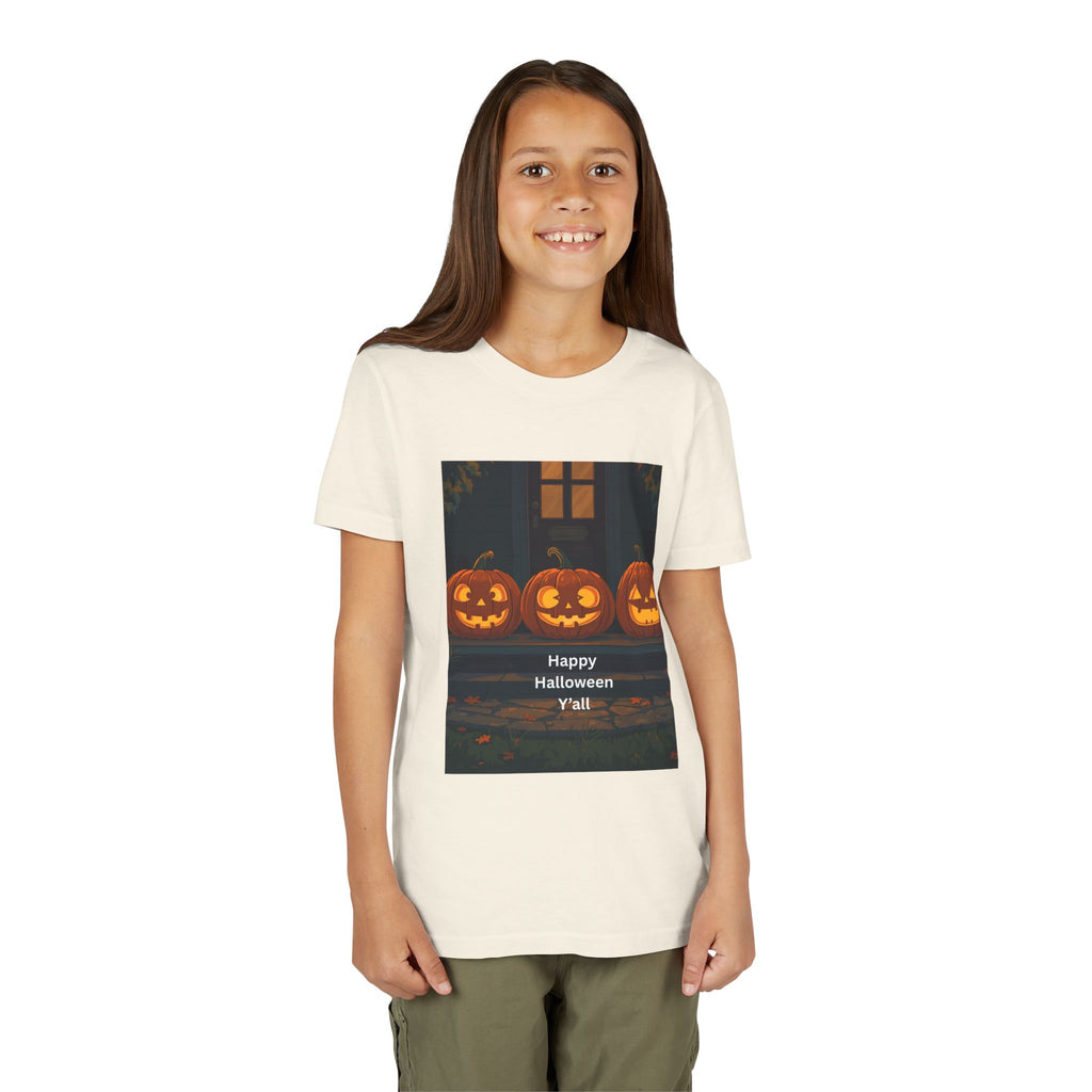 Halloween Pumpkin Youth Tee, Jack-o'-lantern Shirt, Trick or Treat Apparel, Spooky Kids T-Shirt, Halloween Costume Top