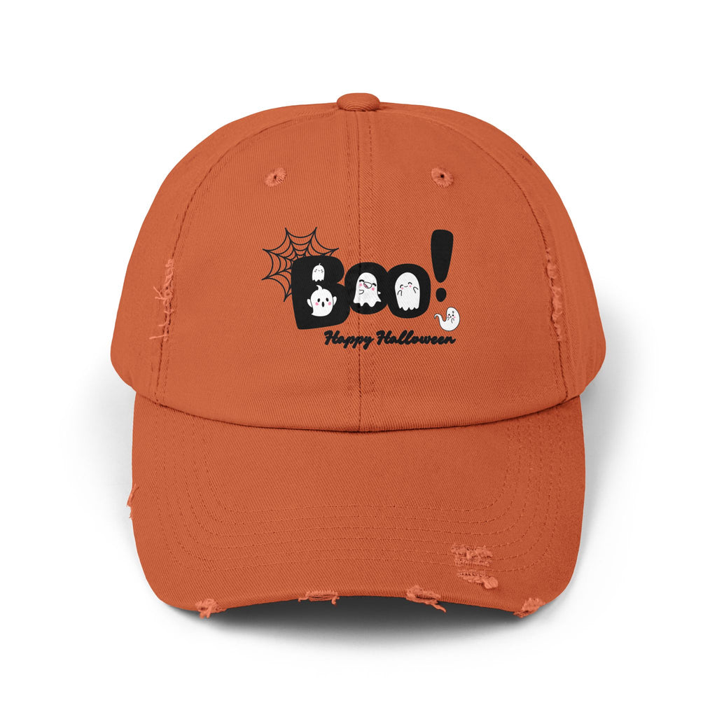 Halloween Boo Distressed Cap, Trendy Unisex Hat, Spooky Accessory, Fall Fashion, Casual Wear, Gift for Halloween Enthusiasts