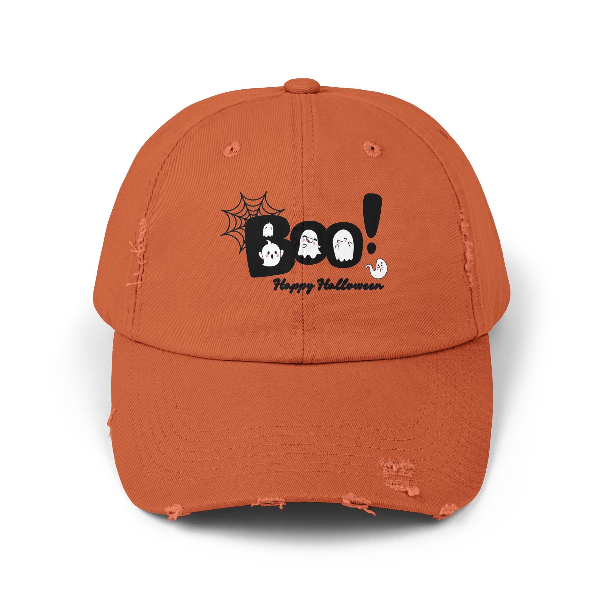Halloween Boo Distressed Cap, Trendy Unisex Hat, Spooky Accessory, Fall Fashion, Casual Wear, Gift for Halloween Enthusiasts