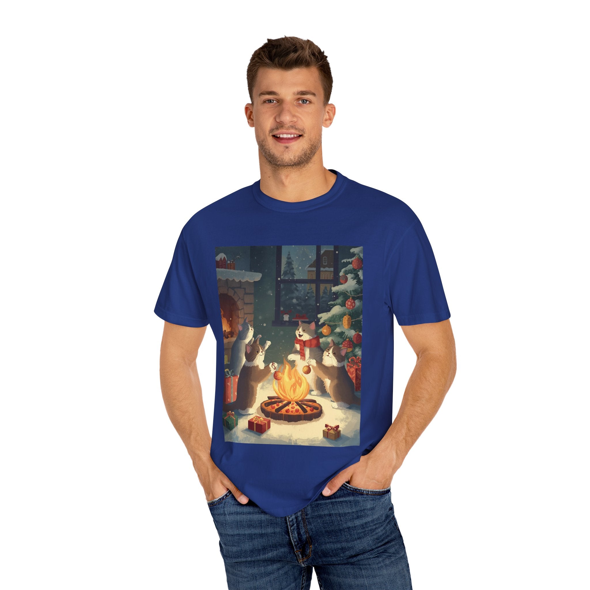 Cozy Cat Campfire T-shirt, Unisex Garment-Dyed Tee, Holiday Gift, Cat Lover Gift, Cute Winter T-shirt, Cozy Nightwear, Christmas Shirt