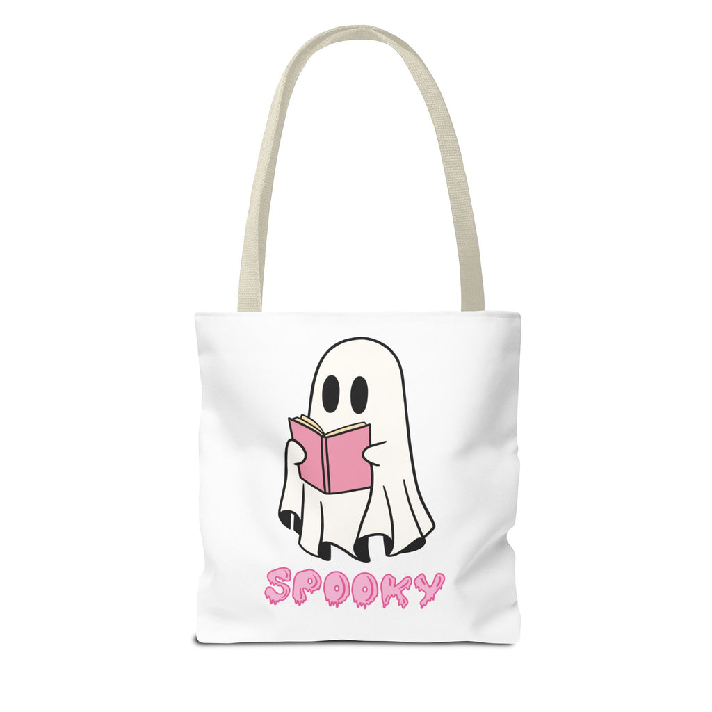 Spooky Ghost Reading Tote Bag | Halloween Accessory, Cute Book Lover Gift, Eco-Friendly, Shopping Bag, AOP Design