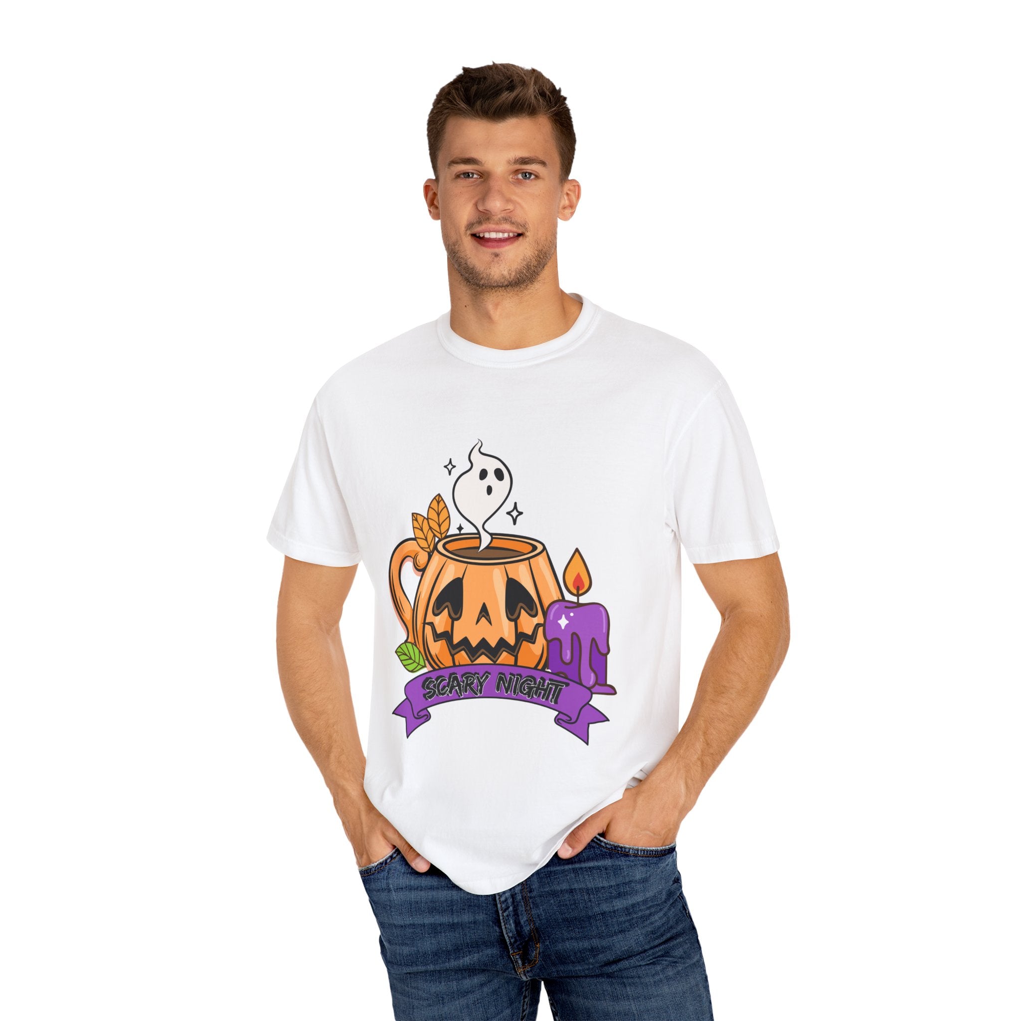 Halloween Themed Cute Pumpkin In Cup T-shirt, Scary Night Design, Unisex Top, Fall Fashion, Spooky Gift, Autumn Celebration Tee