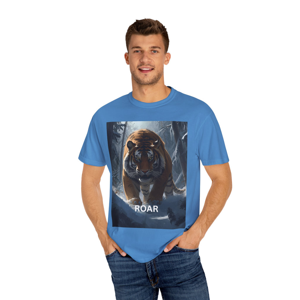 Fierce Tiger Roar Snow Graphic Tee, Eco-Friendly T-Shirt for Animal Lovers, Adventure Apparel, Gift for Wildlife Enthusiasts, Casual Wear