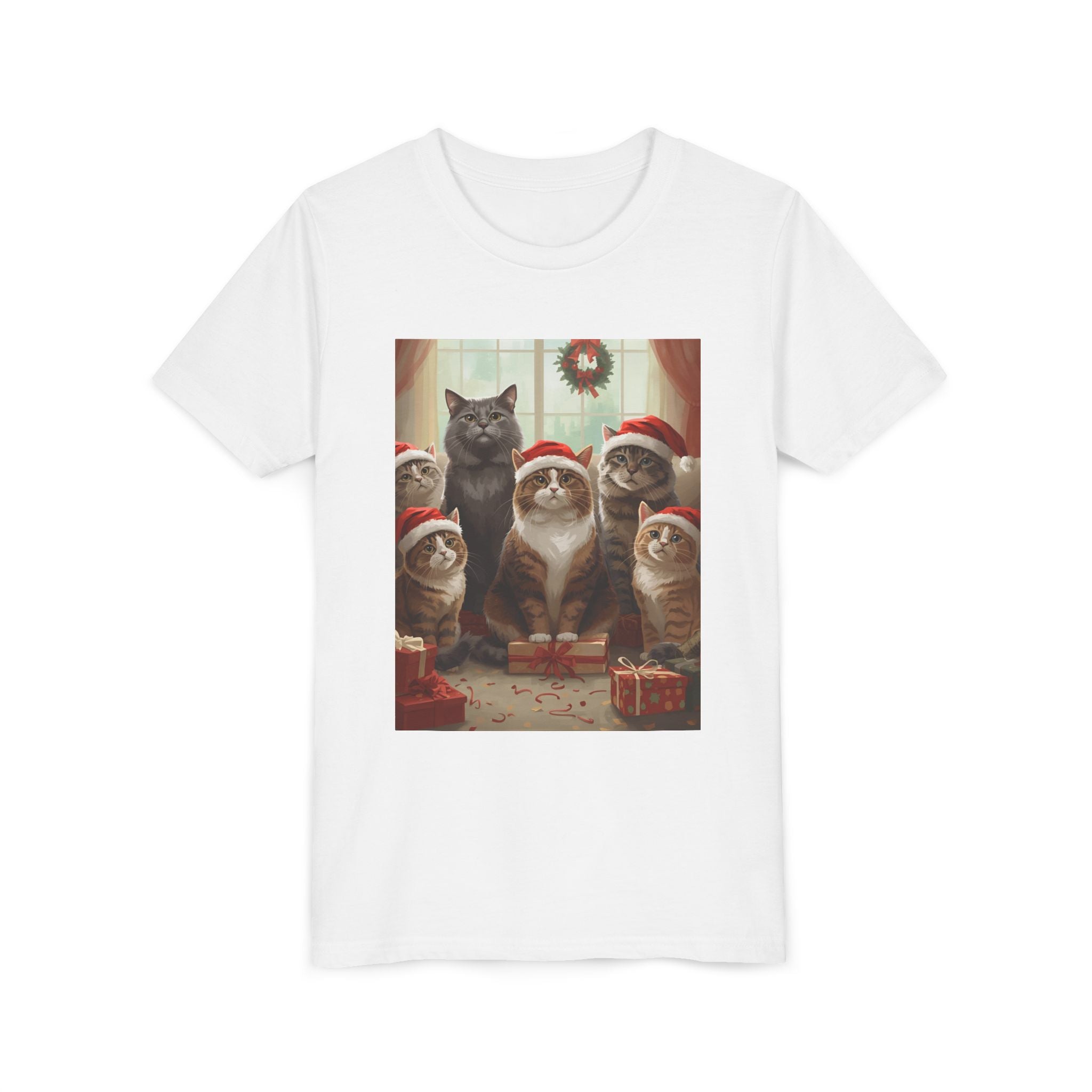 Cute Festive Christmas Cat Youth Short Sleeve Tee