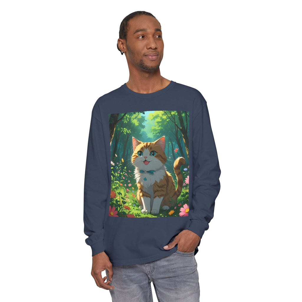 Whimsical Cat In Forest Long Sleeve T-Shirt - Perfect for Cat Lovers, Nature Enthusiasts, Gifts, Cozy Wear, Everyday Style
