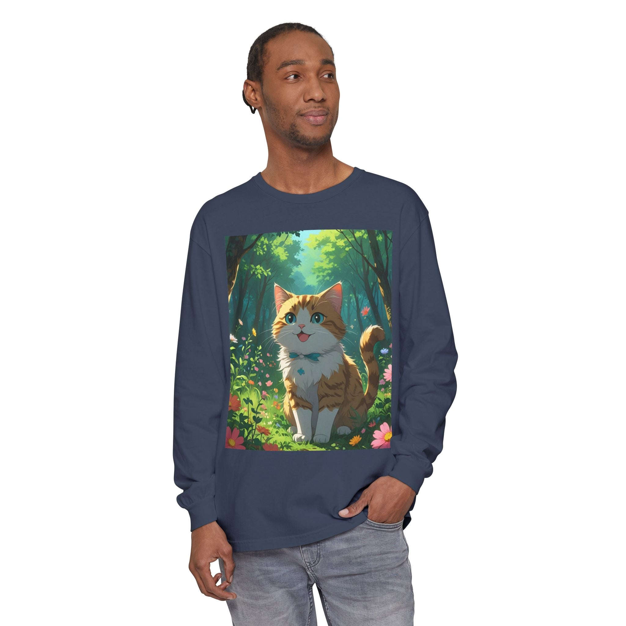 Whimsical Cat In Forest Long Sleeve T-Shirt - Perfect for Cat Lovers, Nature Enthusiasts, Gifts, Cozy Wear, Everyday Style