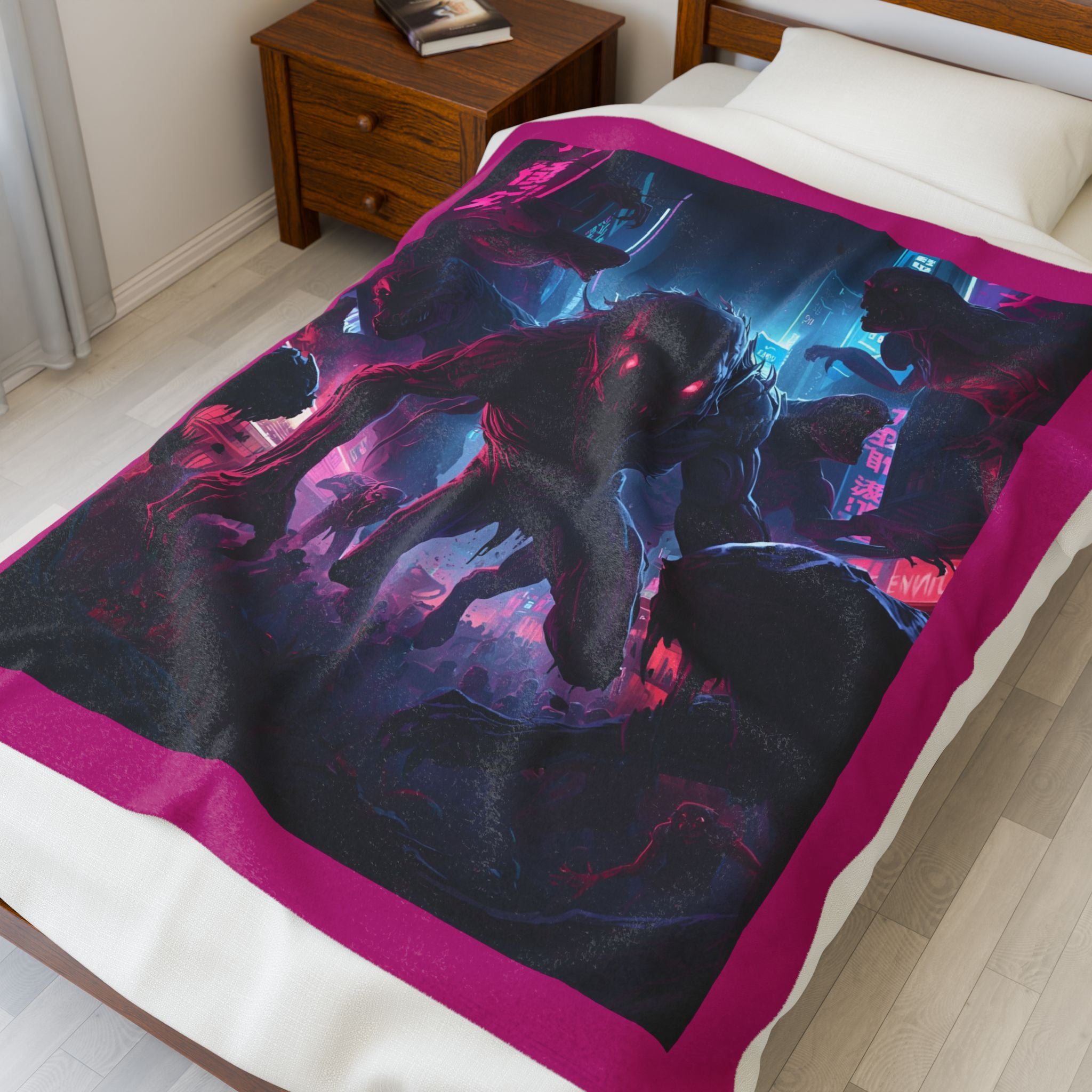 Spooky Creature Futuristic Velveteen Plush Blanket with Zombie Design, Cozy Throw, Home Decor, Gift for Gamers, Horror Lovers, Halloween Blanket