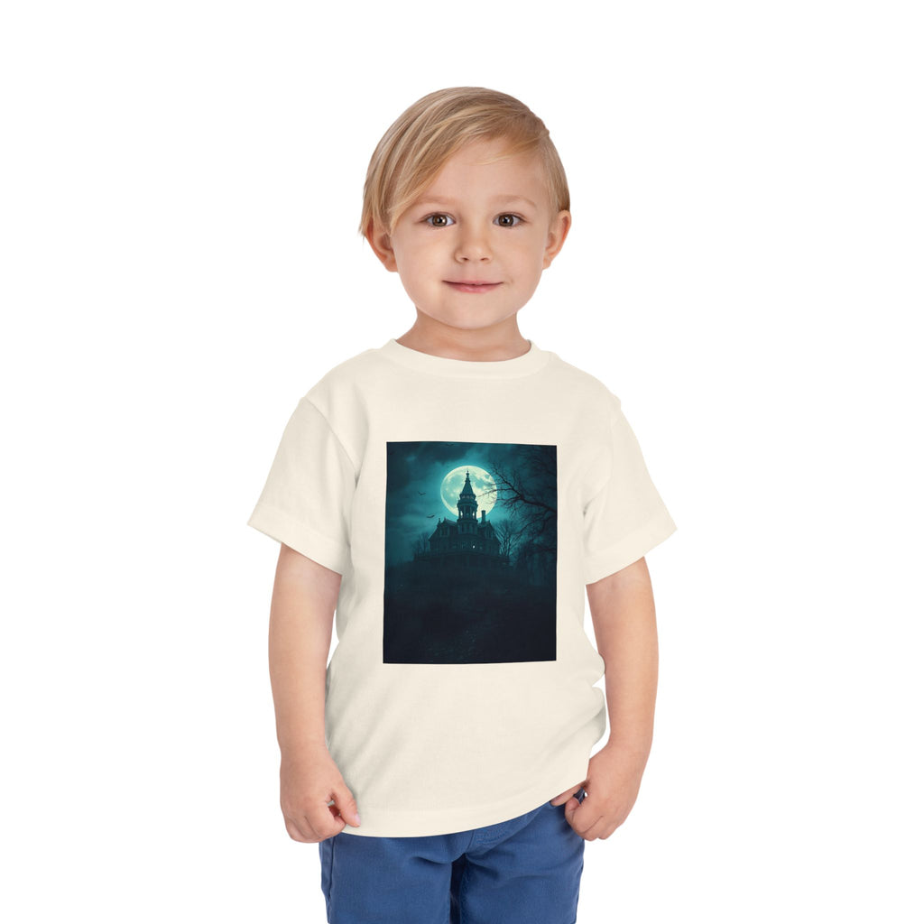 Haunted Moonlight Toddler Halloween Short Sleeve Tee, Ghostly Castle Shirt, Spooky Toddler Tee, Kids Halloween Costume Top, Fall Festivity Apparel