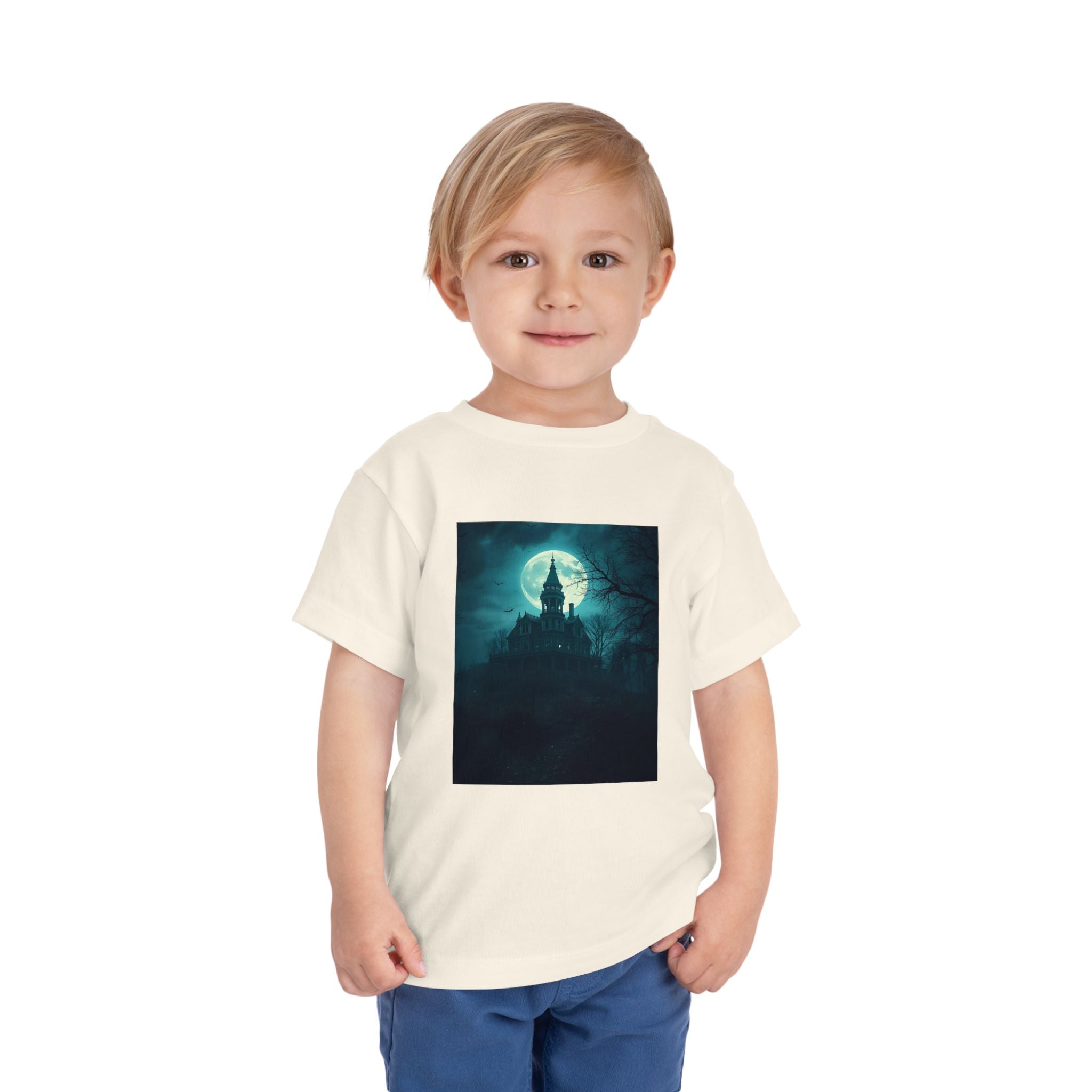 Haunted Moonlight Toddler Halloween Short Sleeve Tee, Ghostly Castle Shirt, Spooky Toddler Tee, Kids Halloween Costume Top, Fall Festivity Apparel
