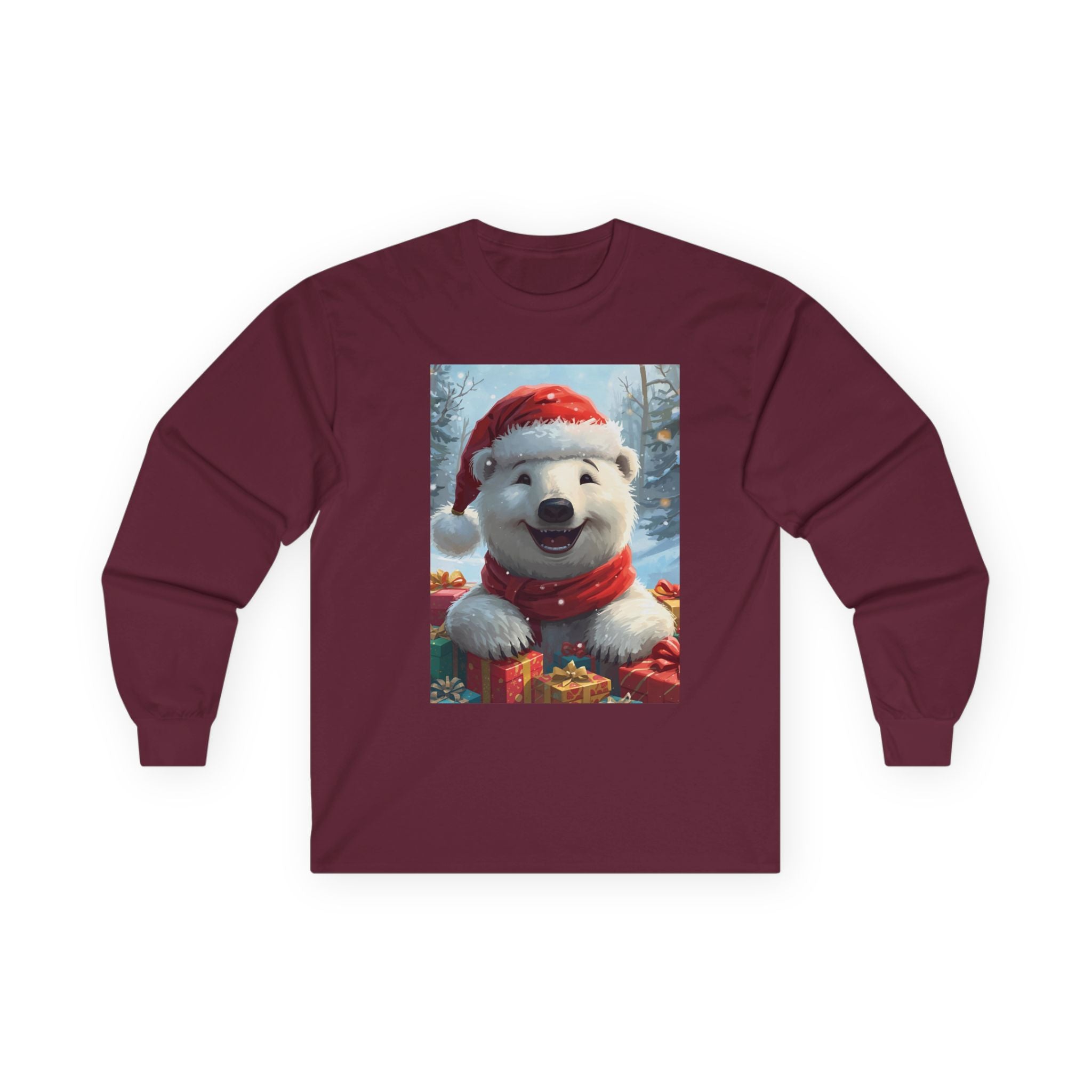 Christmas Polar Bear Long Sleeve Tee, Cozy Holiday Shirt, Unisex Winter Wear, Christmas Gift, Cute Animal Apparel
