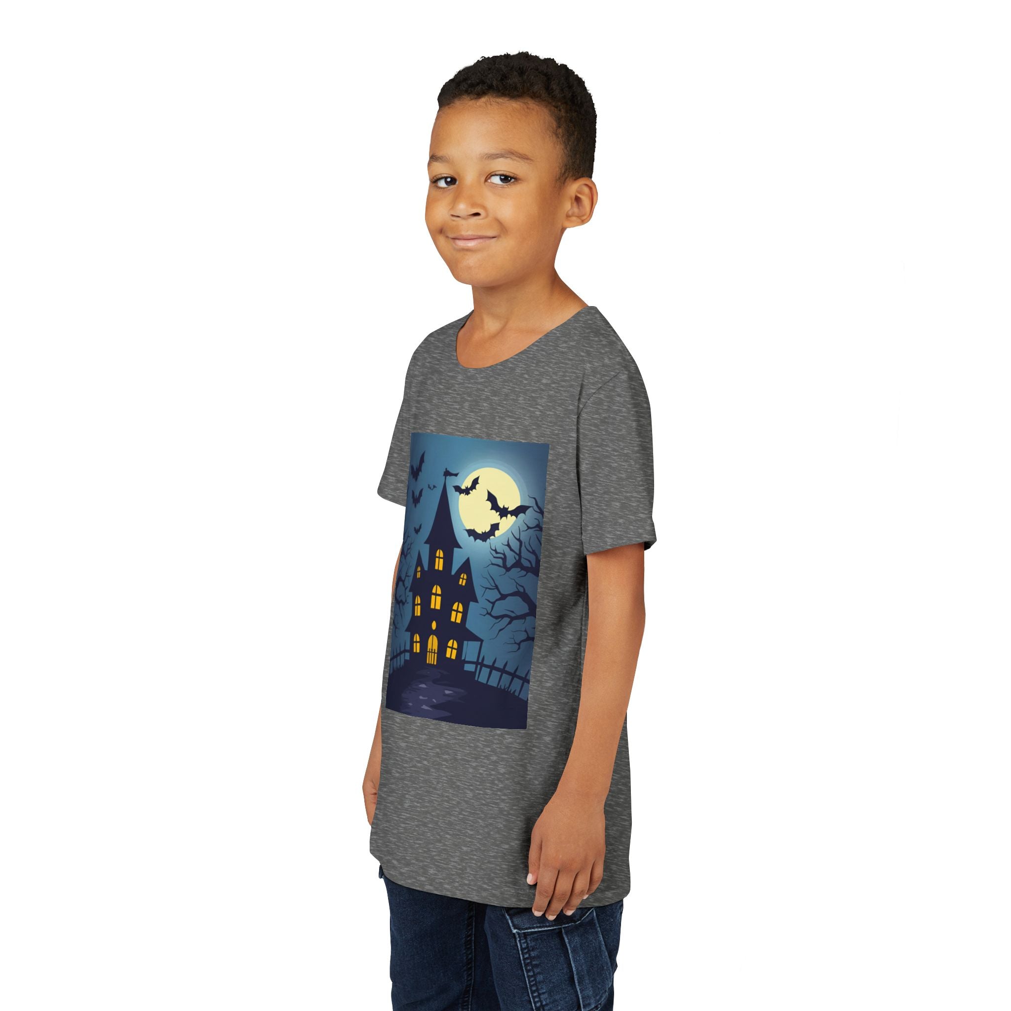Spooky Halloween Haunted House Youth Tee, Kids Ghost T-Shirt, Haunted House Apparel, Bat Design Shirt, Trick or Treat Clothing