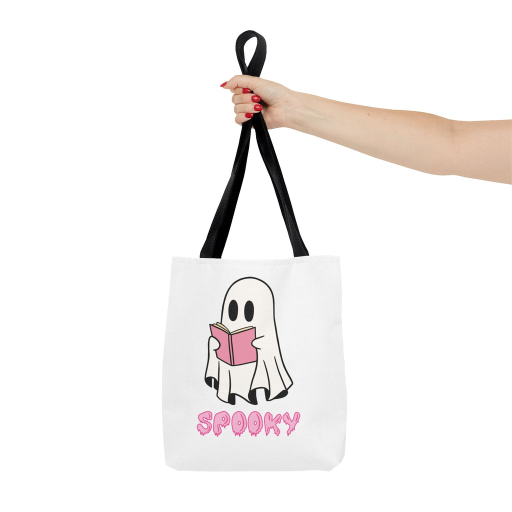 Spooky Ghost Reading Tote Bag | Halloween Accessory, Cute Book Lover Gift, Eco-Friendly, Shopping Bag, AOP Design