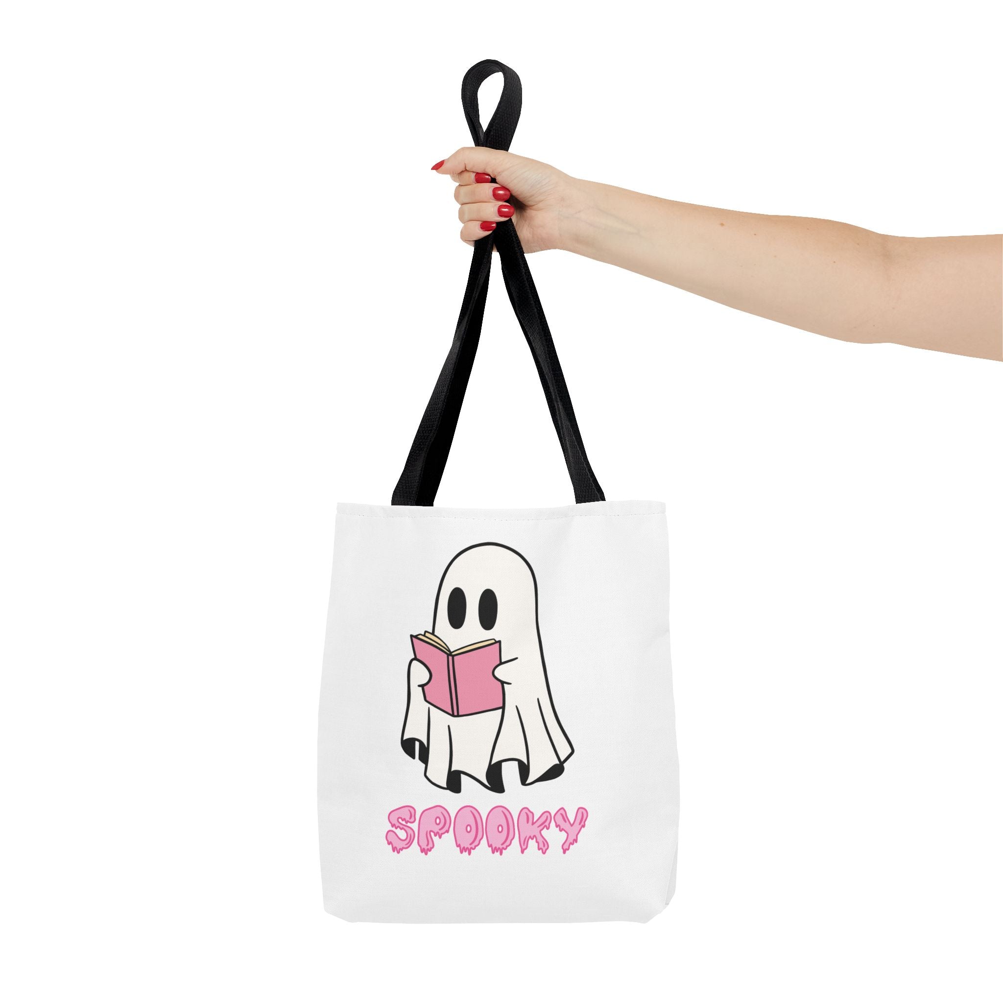 Spooky Ghost Reading Tote Bag | Halloween Accessory, Cute Book Lover Gift, Eco-Friendly, Shopping Bag, AOP Design