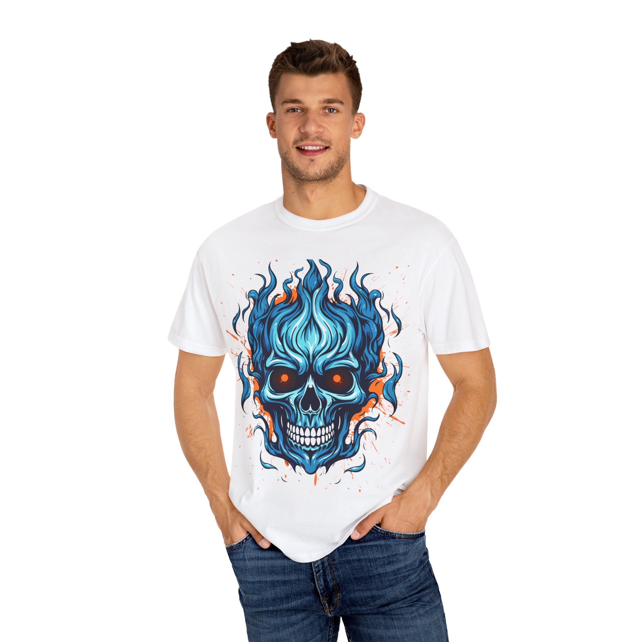 Flaming Skull T-Shirt, Unisex Graphic Tee, Edgy Casual Wear, Halloween Apparel, Gift for Rock Music Fans