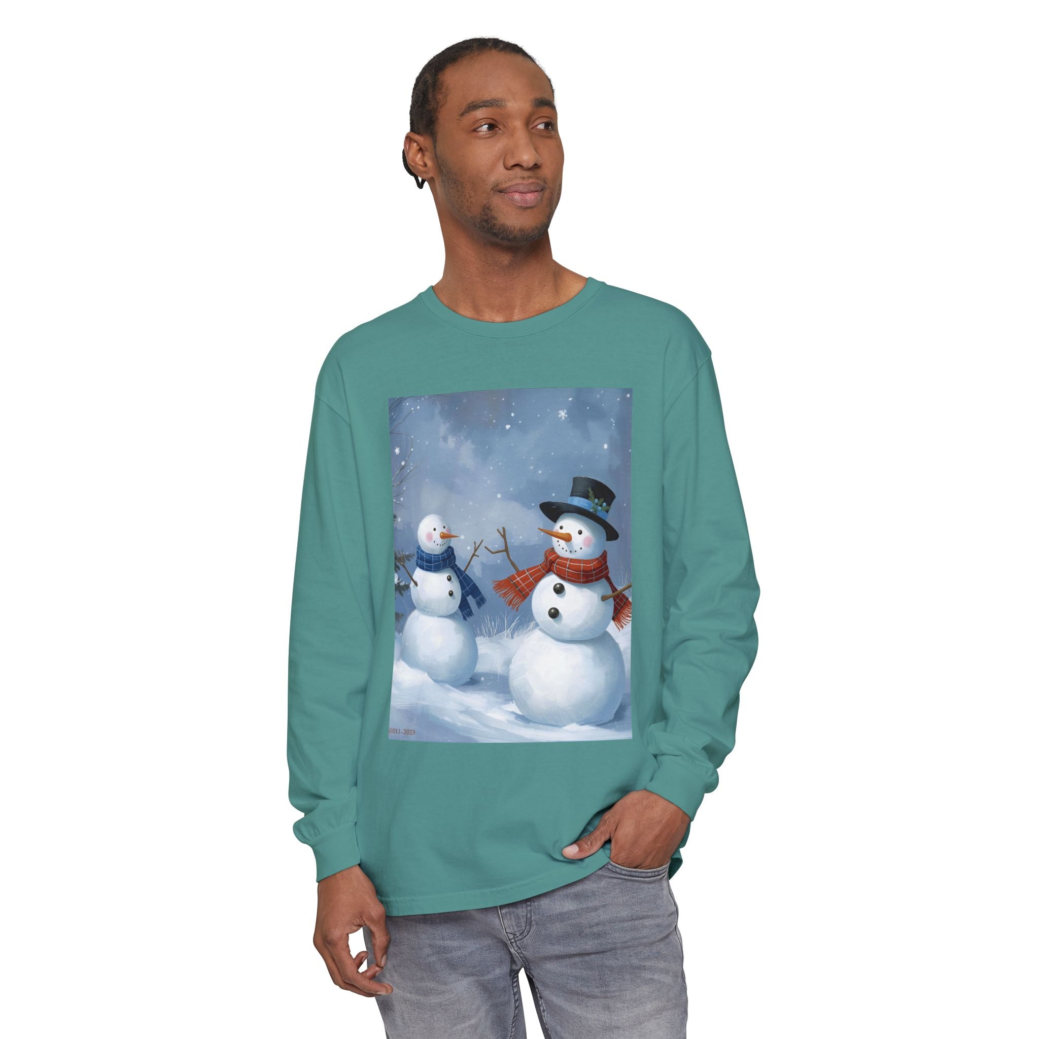 Christmas Snowman Family Unisex Garment-dyed Long Sleeve T-Shirt