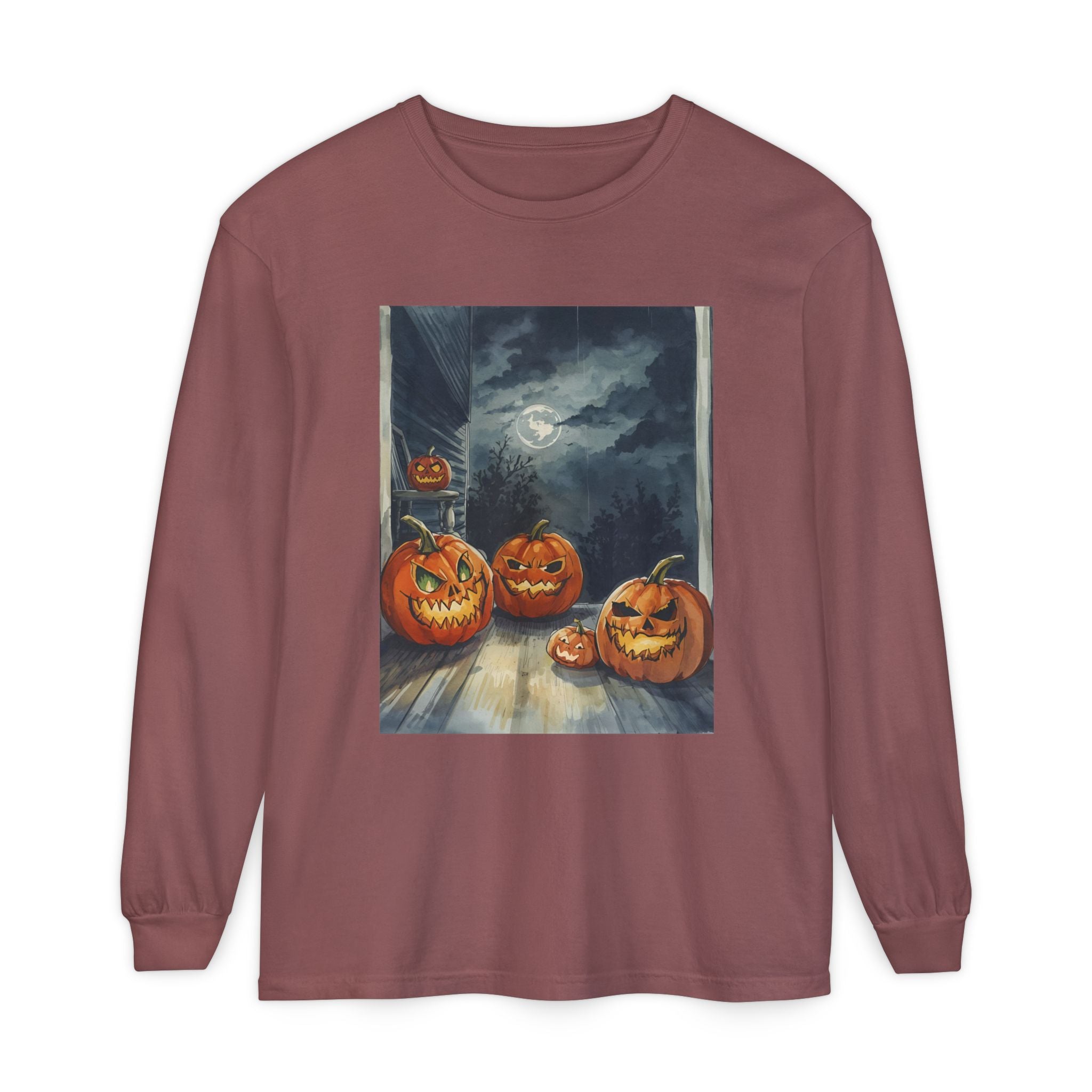 Halloween Pumpkin Scary Unisex Garment-dyed Long Sleeve T-Shirt
