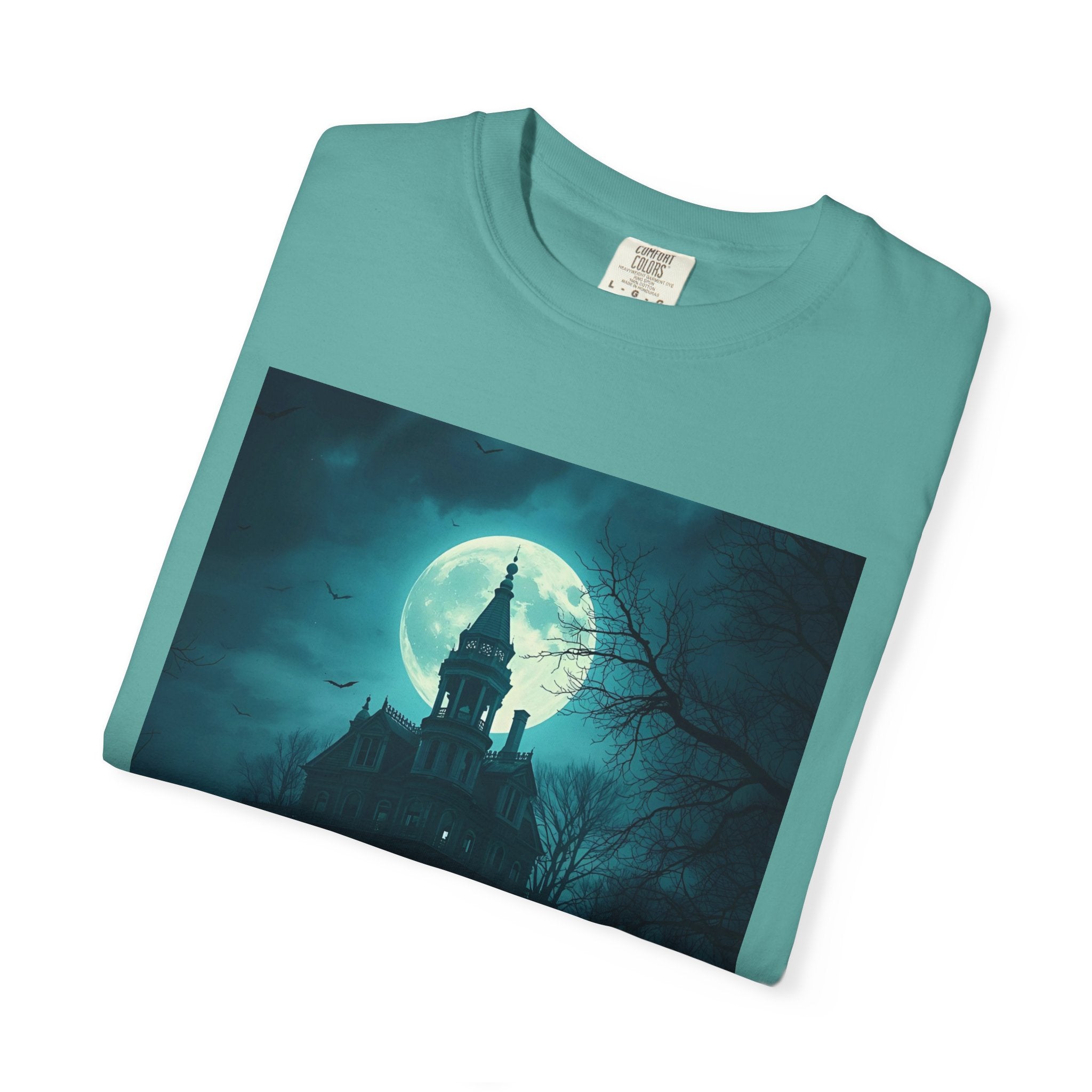 Haunted Moonlight Spooky Castle Graphic Tee | Unisex Garment-Dyed T-shirt, Halloween Shirt, Graphic Tee, Casual Wear, Gift for Ghost Lovers
