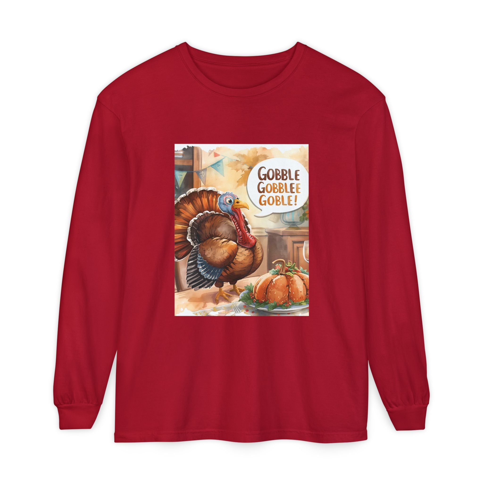 Thanksgiving Long Sleeve T-Shirt with Turkey Design, Fall Apparel, Holiday Gift, Family Gathering Shirt, Gobble Gobble Tee