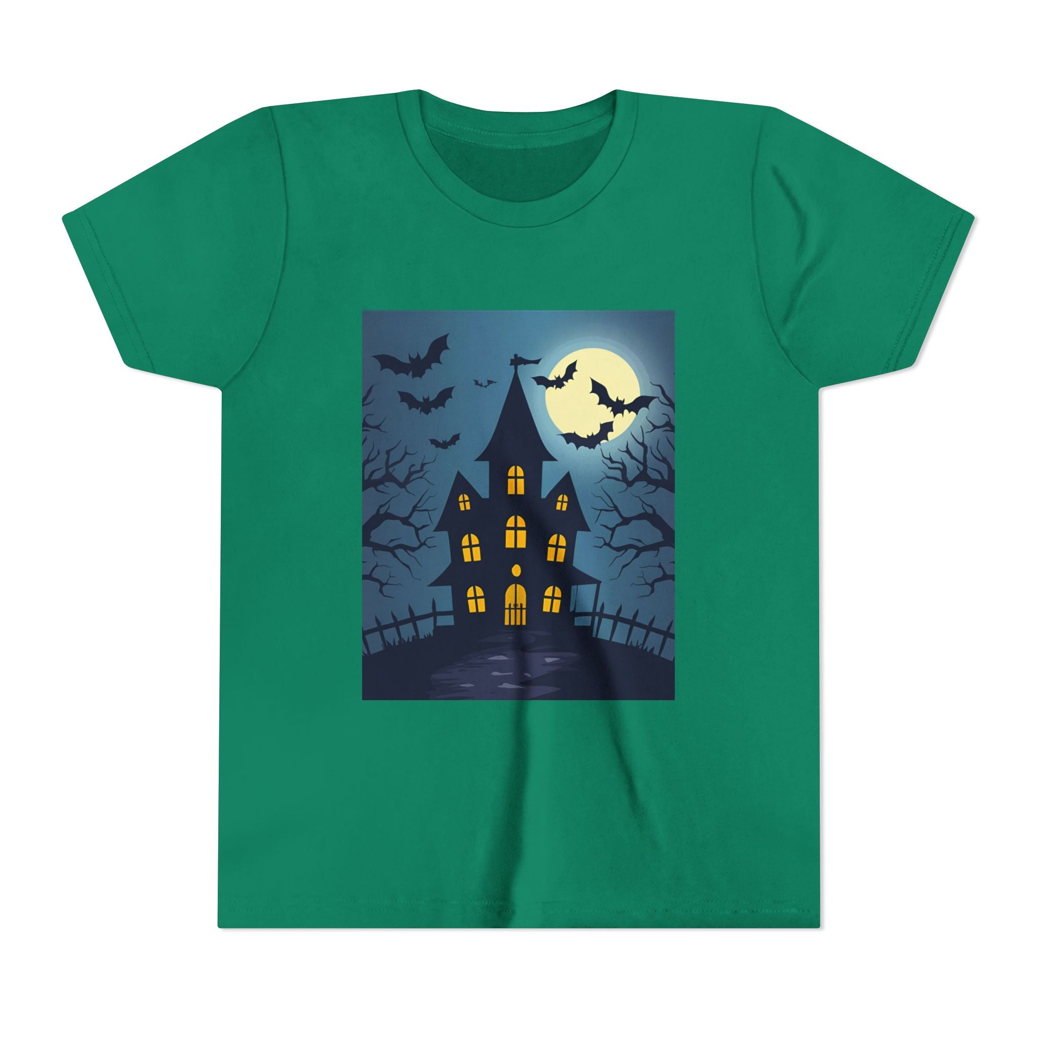 Spooky Halloween Haunted House Youth Tee, Kids Ghost T-Shirt, Haunted House Apparel, Bat Design Shirt, Trick or Treat Clothing