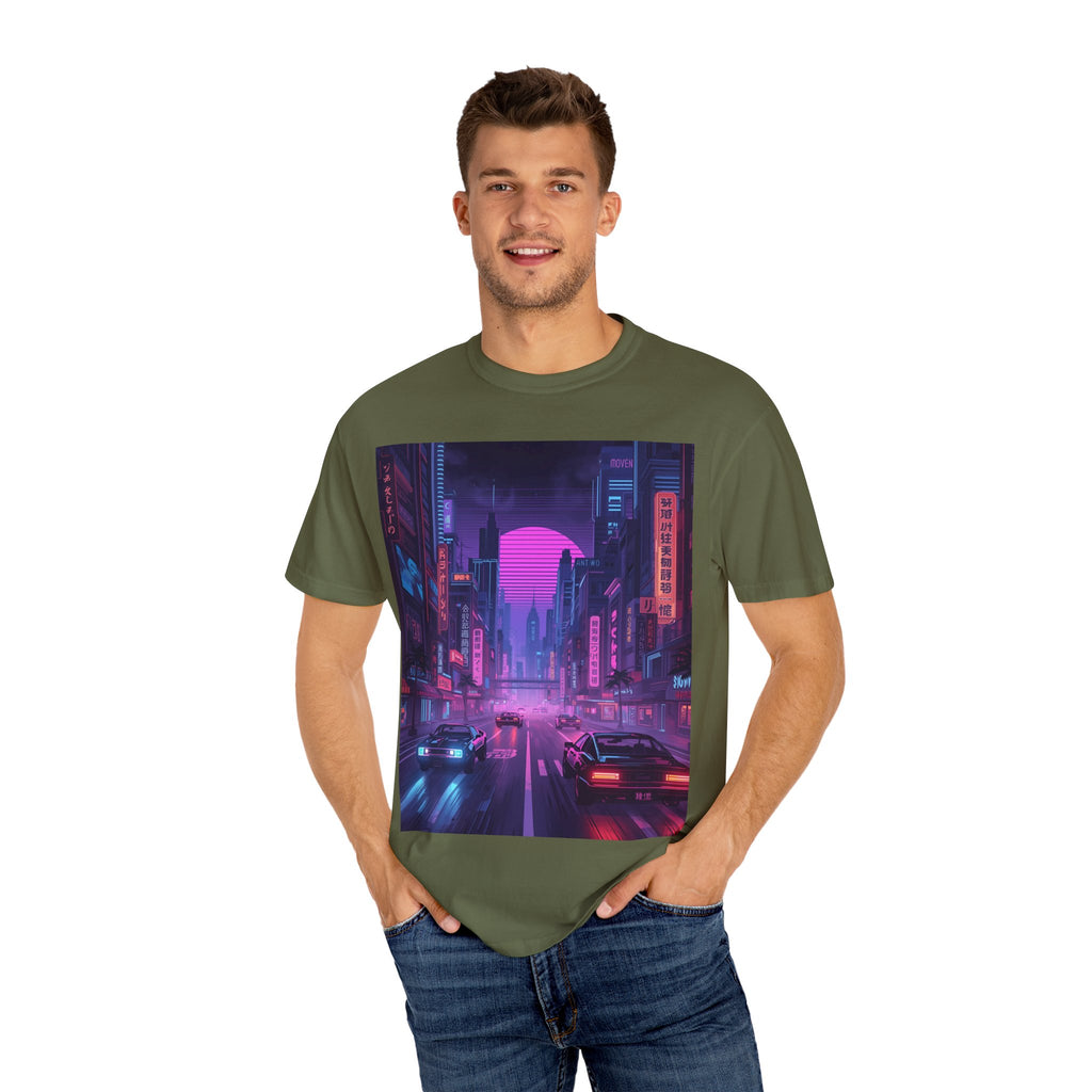 Futuristic Neon Cityscape T-Shirt, Retro Graphic Tee, Unisex Streetwear, Urban Vibe Shirt, Gift for Gamers, Summer Outfit