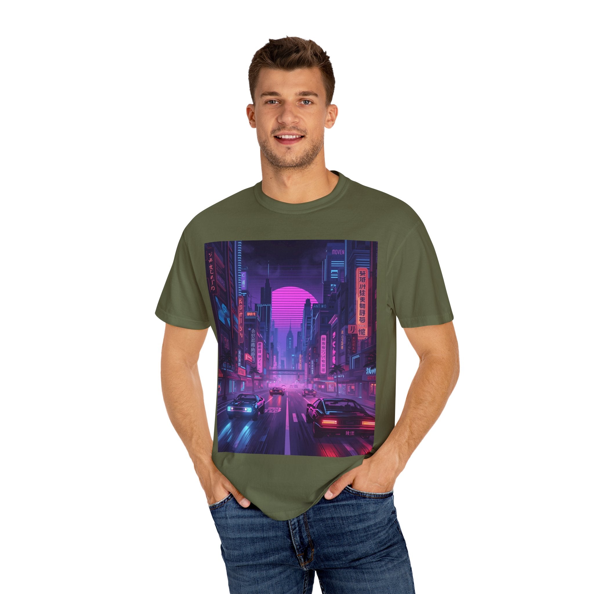 Futuristic Neon Cityscape T-Shirt, Retro Graphic Tee, Unisex Streetwear, Urban Vibe Shirt, Gift for Gamers, Summer Outfit