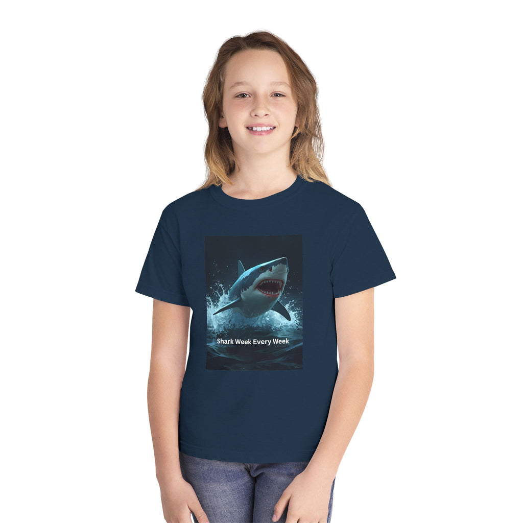 Shark Week Youth Tee, Fun Shark Graphic Shirt, Kids Summer Apparel, Ocean Lover Gift, Beach Party Clothing