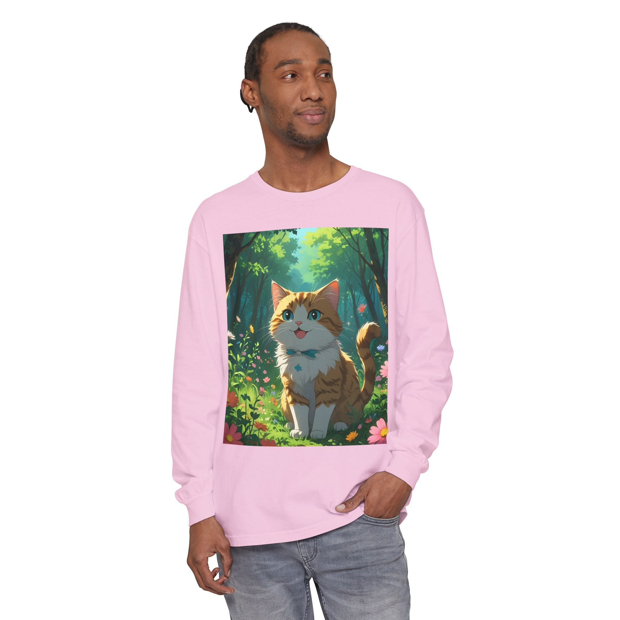Whimsical Cat In Forest Long Sleeve T-Shirt - Perfect for Cat Lovers, Nature Enthusiasts, Gifts, Cozy Wear, Everyday Style