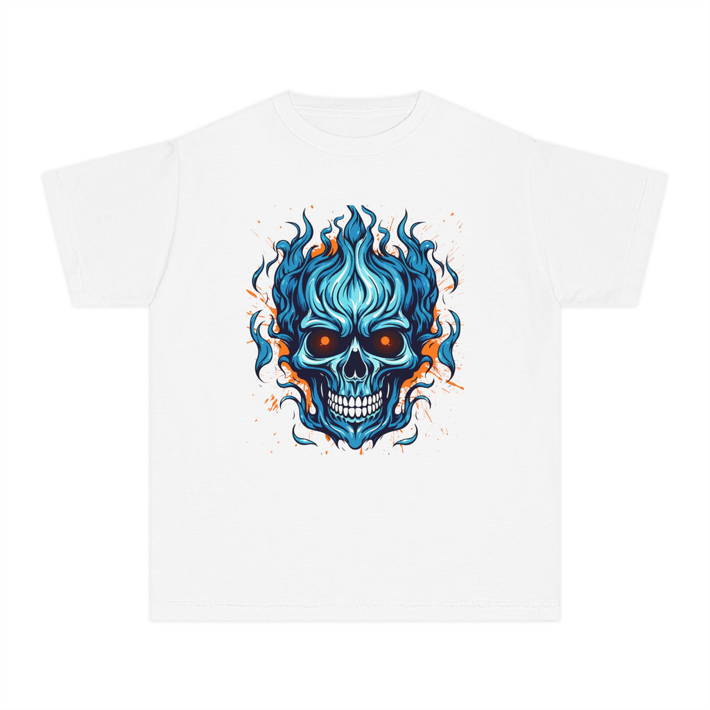 Skull Flame Youth Graphic Skull Tee, Cool Teen Fashion, Edgy Summer Wear, Halloween Costume, Unique Gift for Kids, Casual Everyday Style