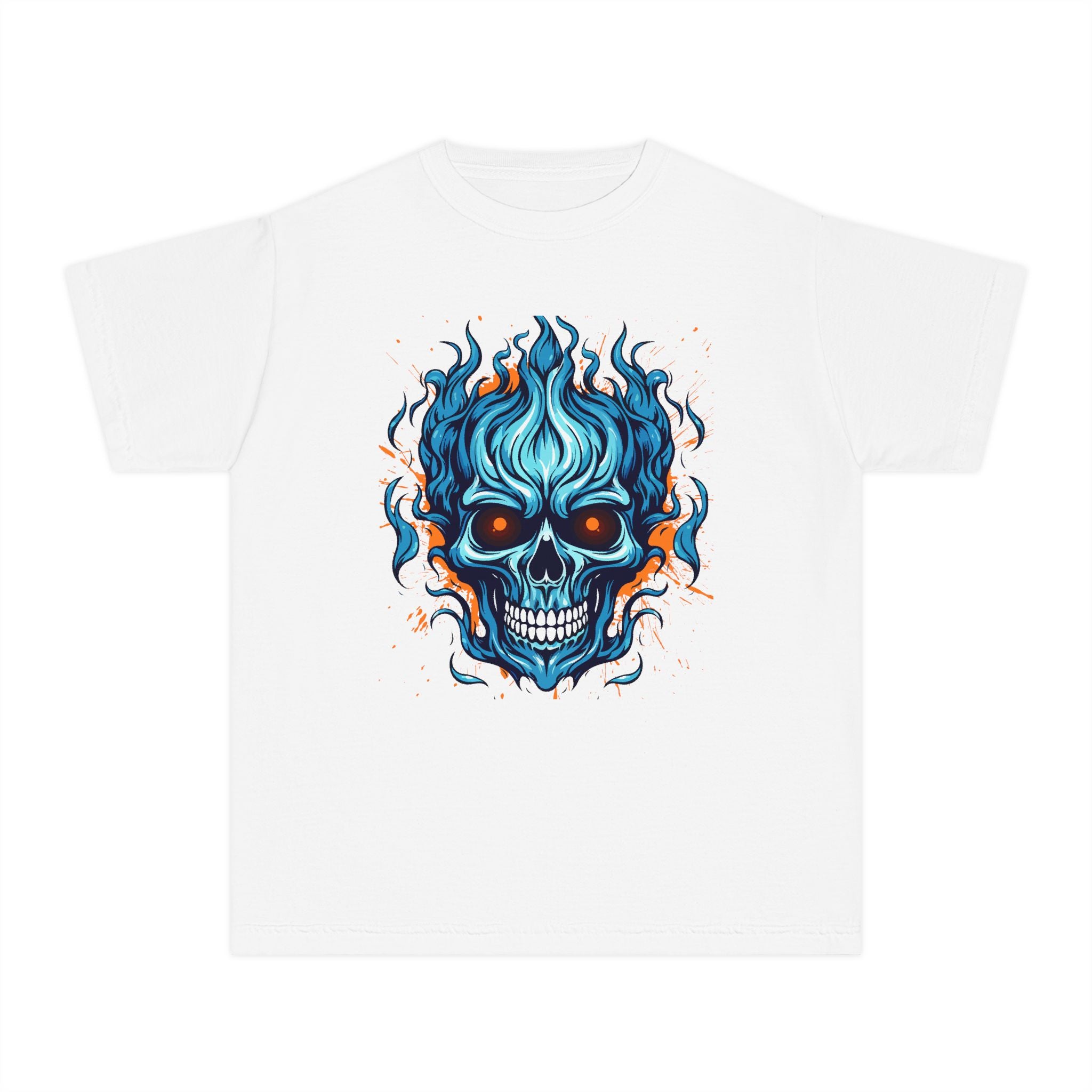 Skull Flame Youth Graphic Skull Tee, Cool Teen Fashion, Edgy Summer Wear, Halloween Costume, Unique Gift for Kids, Casual Everyday Style