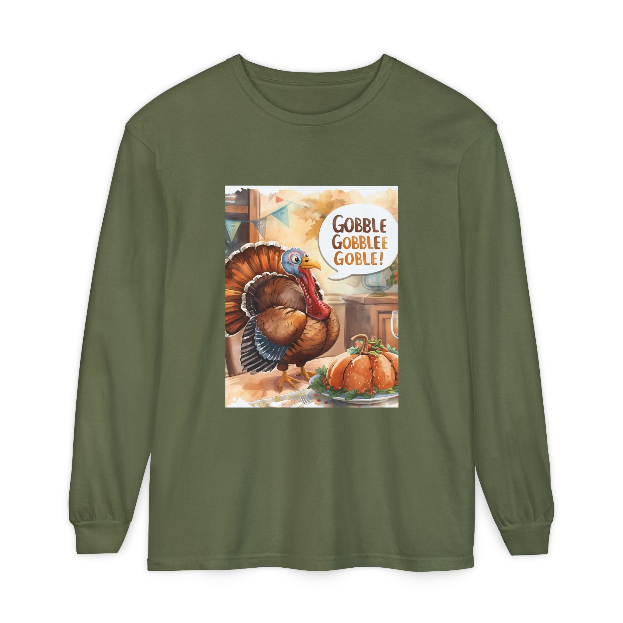 Thanksgiving Long Sleeve T-Shirt with Turkey Design, Fall Apparel, Holiday Gift, Family Gathering Shirt, Gobble Gobble Tee