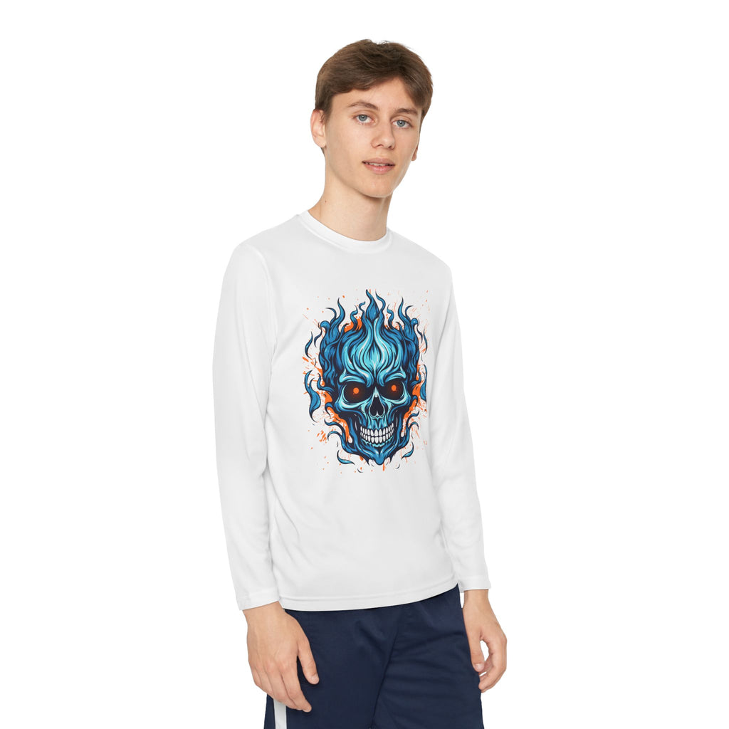 Skull Flame Youth Long Sleeve Skull Tee, Perfect for Halloween, Edgy Gift for Teens, Cozy Casual Wear, Skull Art Graphic Tee, Unique Birthday Present
