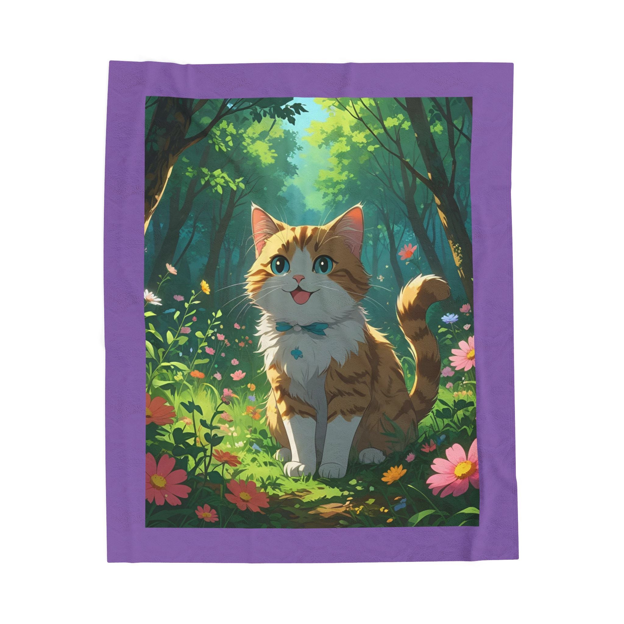 Cute Cat In Forest Velveteen Plush Blanket
