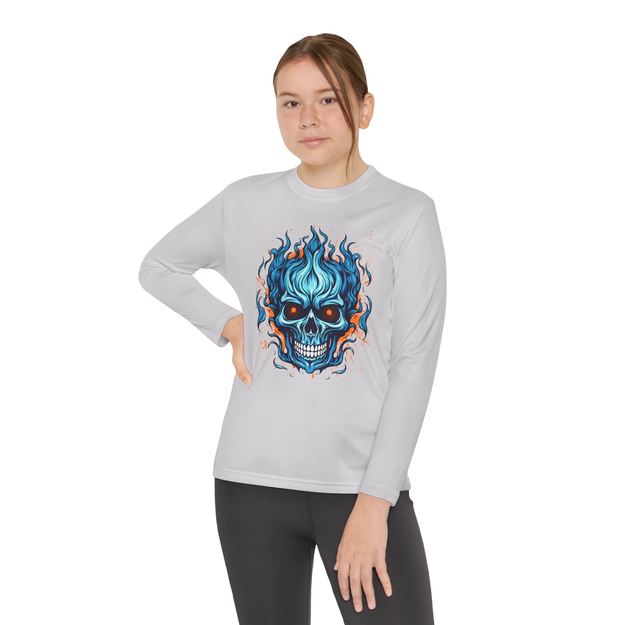 Skull Flame Youth Long Sleeve Skull Tee, Perfect for Halloween, Edgy Gift for Teens, Cozy Casual Wear, Skull Art Graphic Tee, Unique Birthday Present