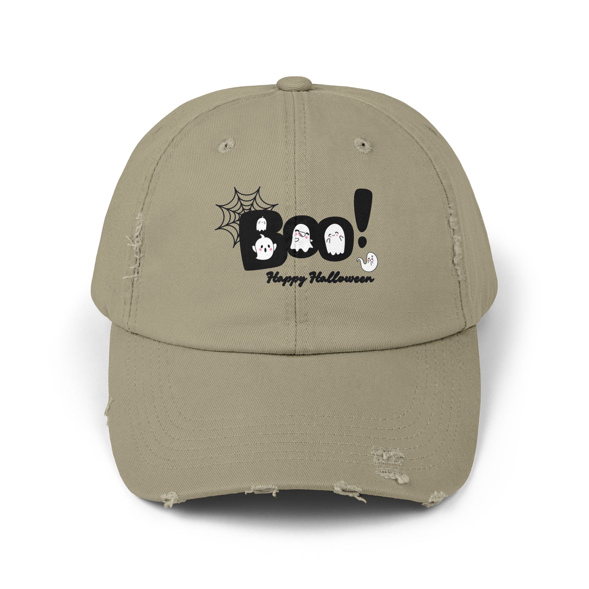 Halloween Boo Distressed Cap, Trendy Unisex Hat, Spooky Accessory, Fall Fashion, Casual Wear, Gift for Halloween Enthusiasts