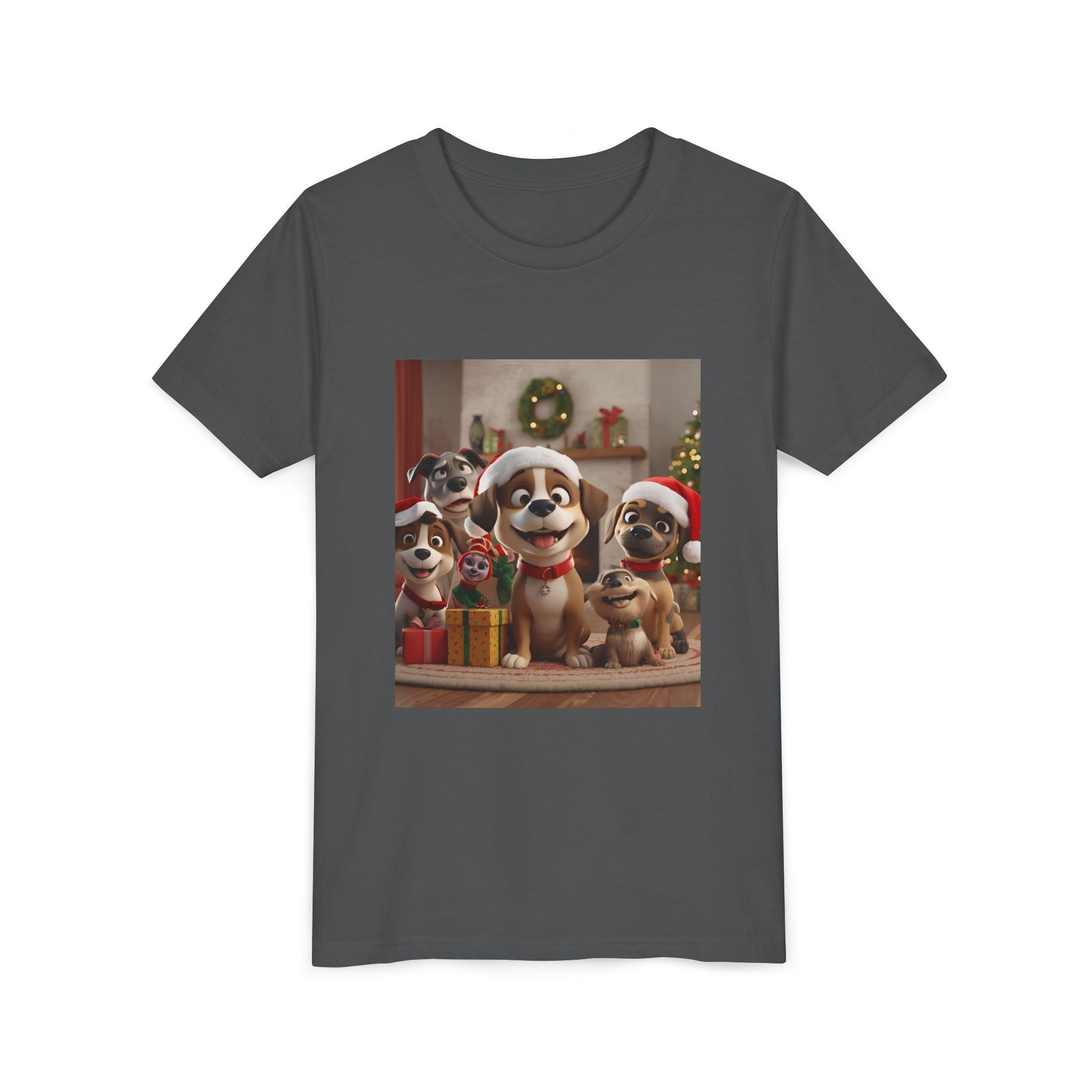 Cute Festive Christmas Dog Youth Short Sleeve Tee