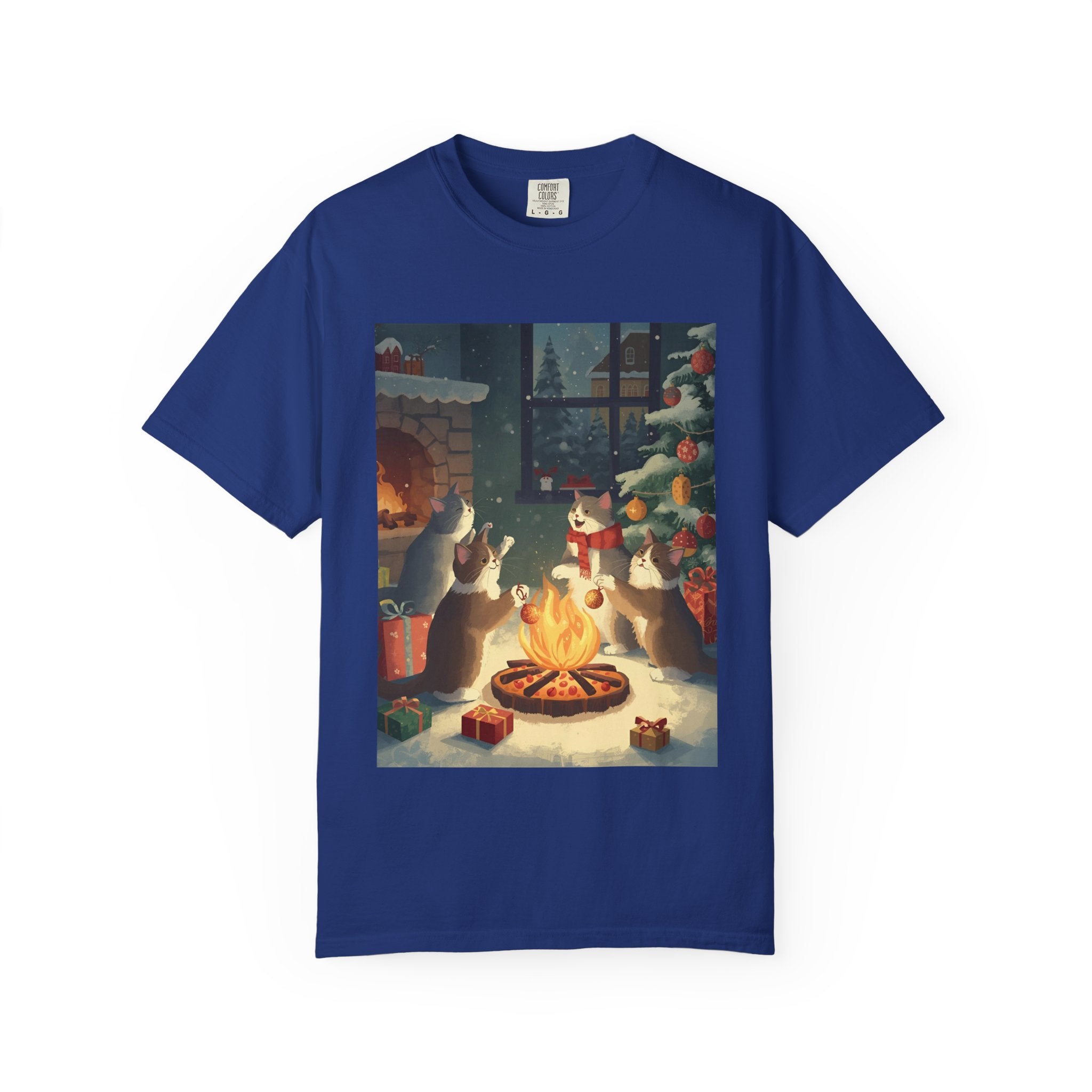 Cozy Cat Campfire T-shirt, Unisex Garment-Dyed Tee, Holiday Gift, Cat Lover Gift, Cute Winter T-shirt, Cozy Nightwear, Christmas Shirt