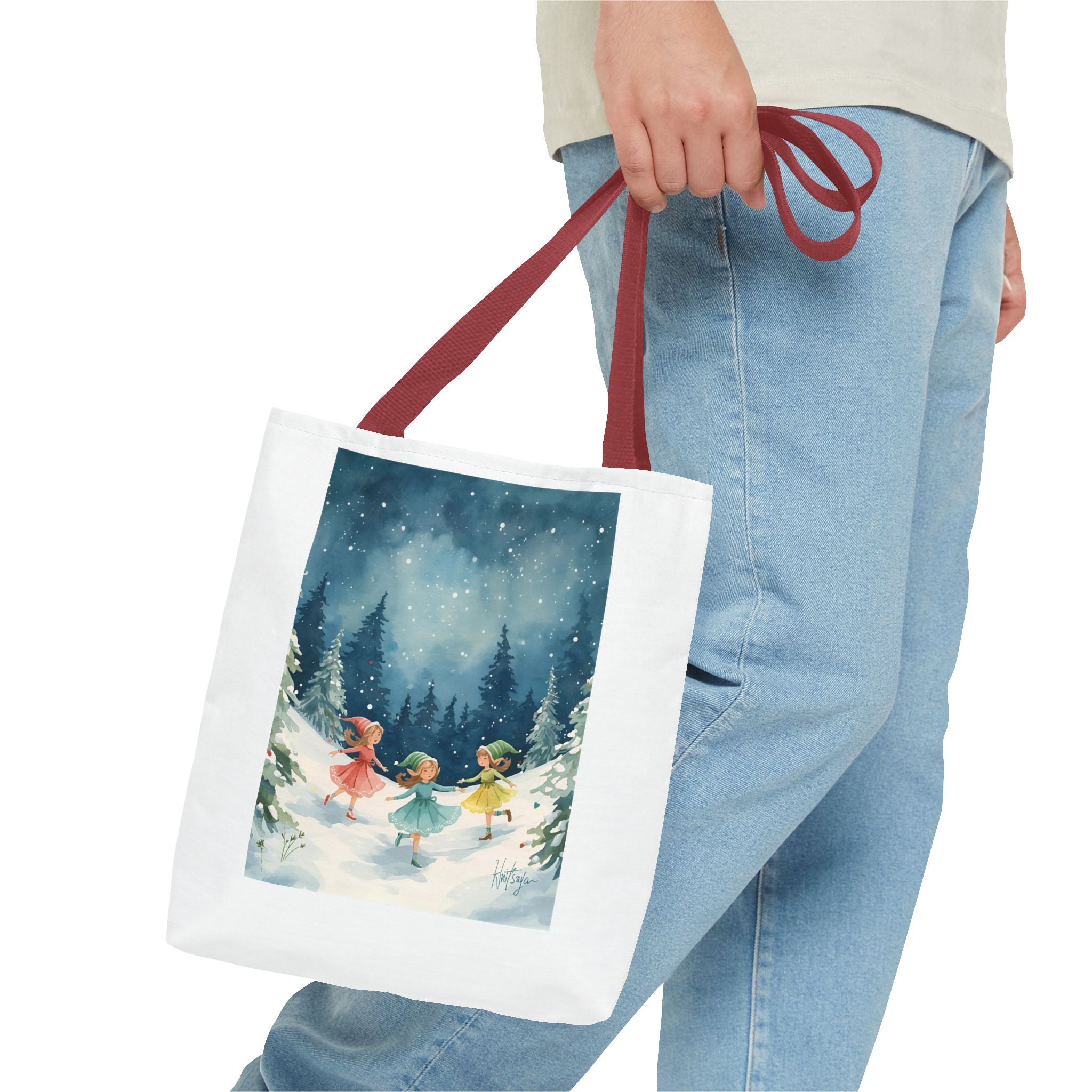Winter Wonderland Tote Bag, Cute Girls Playing in Snow, AOP Design, Perfect for Gifts, Seasonal Bag, Eco-Friendly Shopping