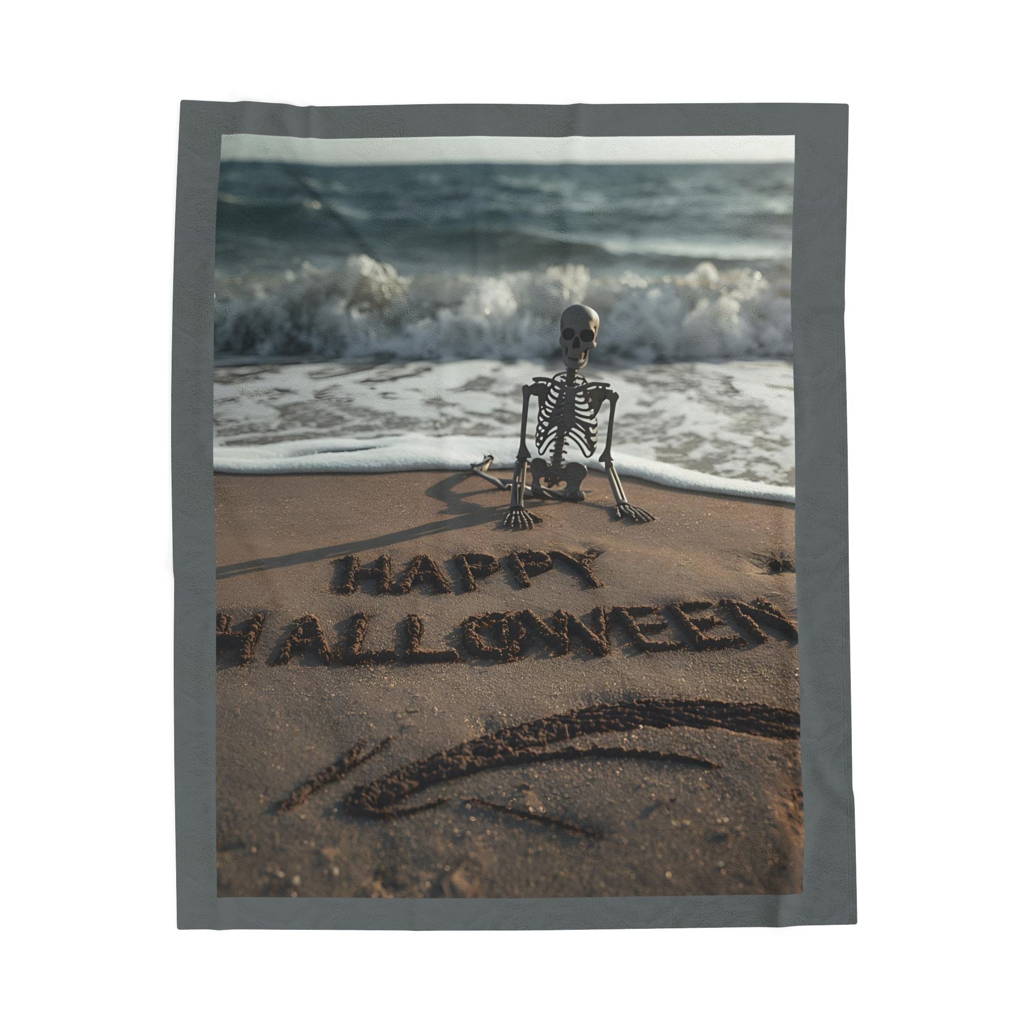 Halloween Skeleton On Beach Velveteen Plush Blanket